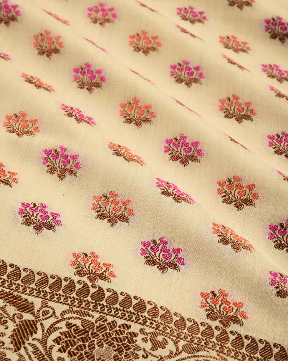 Beige Banarasi Antique Zari and Meena Flower Buti Cutwork Brocade Woven Muga Silk Saree-HolyWeaves