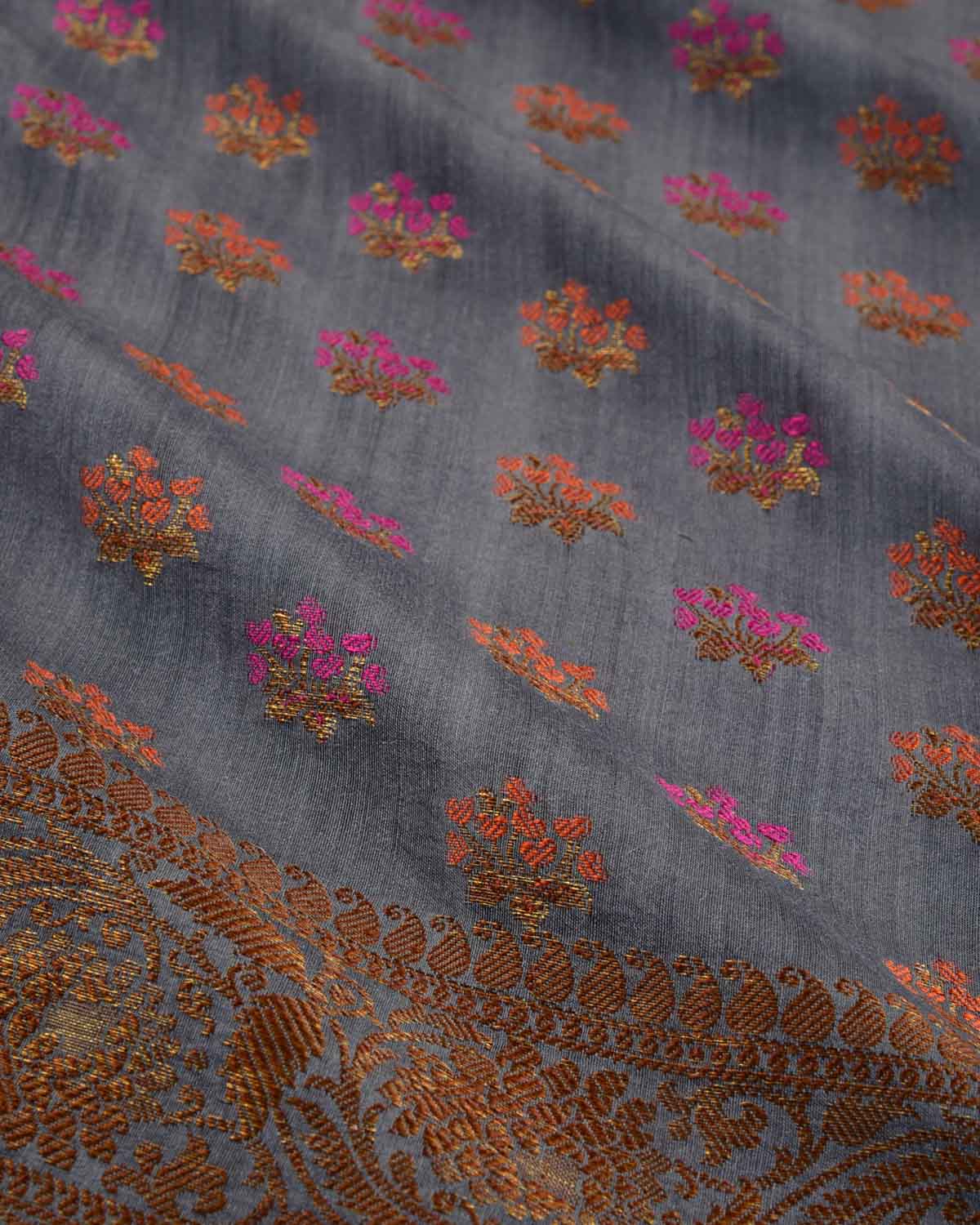 Gray Banarasi Antique Zari and Meena Flower Buti Cutwork Brocade Woven Muga Silk Saree-HolyWeaves