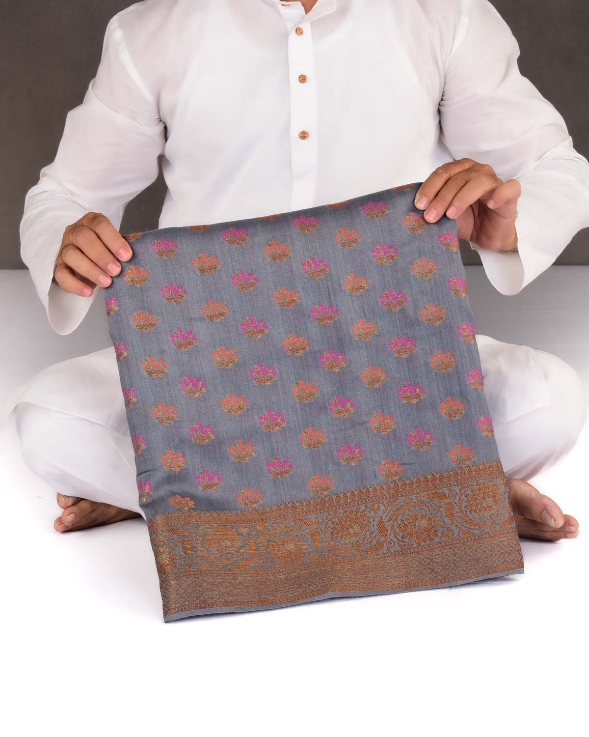 Gray Banarasi Antique Zari and Meena Flower Buti Cutwork Brocade Woven Muga Silk Saree-HolyWeaves
