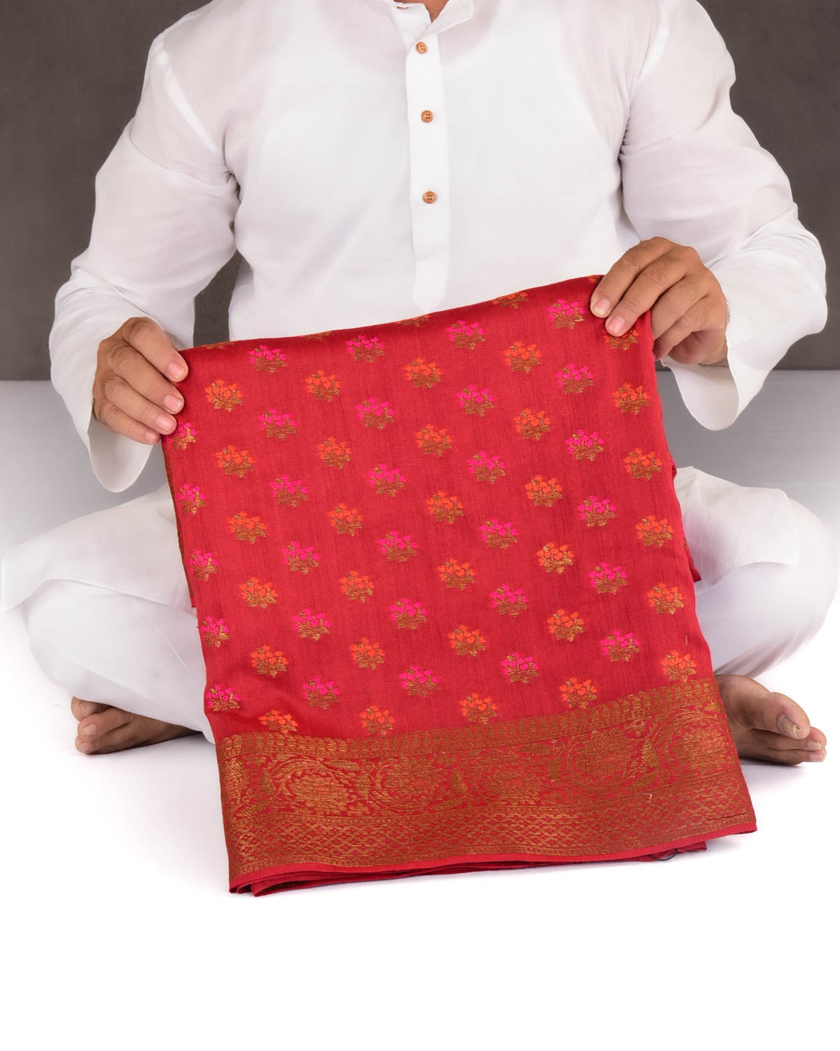 Maroon Banarasi Antique Zari and Meena Flower Buti Cutwork Brocade Woven Muga Silk Saree-HolyWeaves