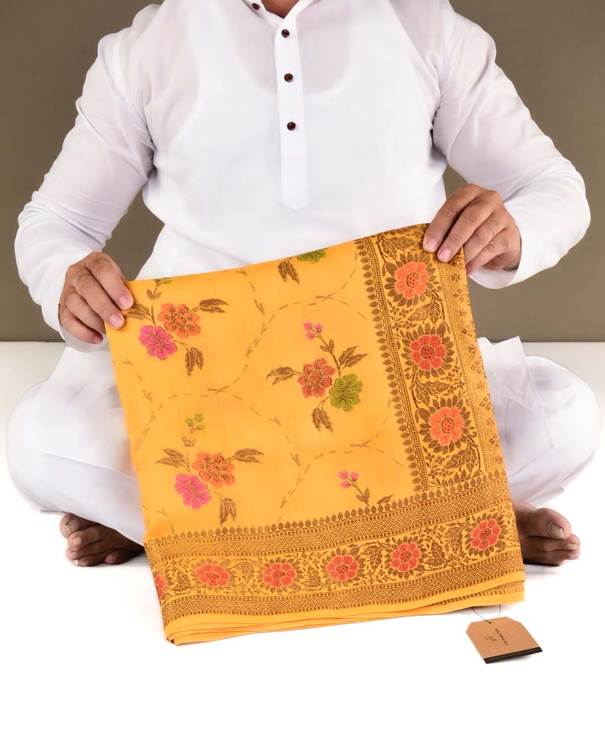 Marigold Yellow Banarasi Antique Zari and Meena Jaal Cutwork Brocade Woven Muga Silk Saree-HolyWeaves
