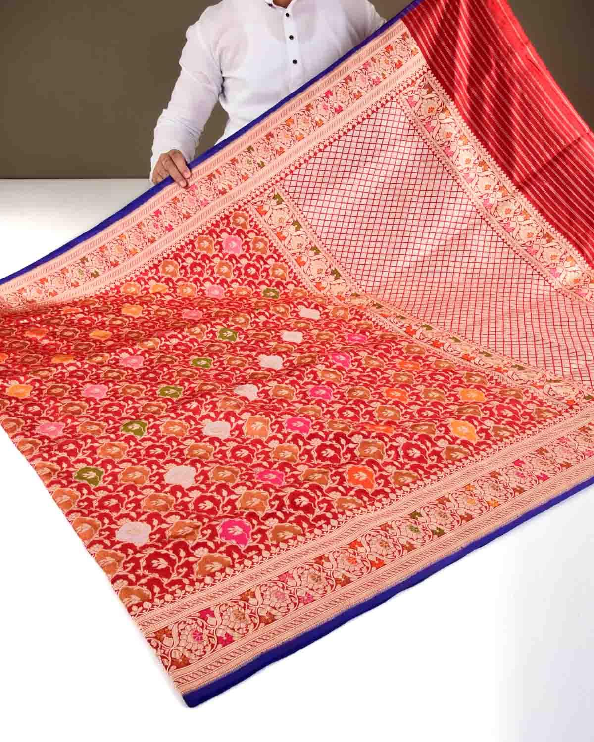 Bridal Red Banarasi Gold Zari & Meena Jangla Kadhuan Brocade Handwoven Katan Silk Saree-HolyWeaves