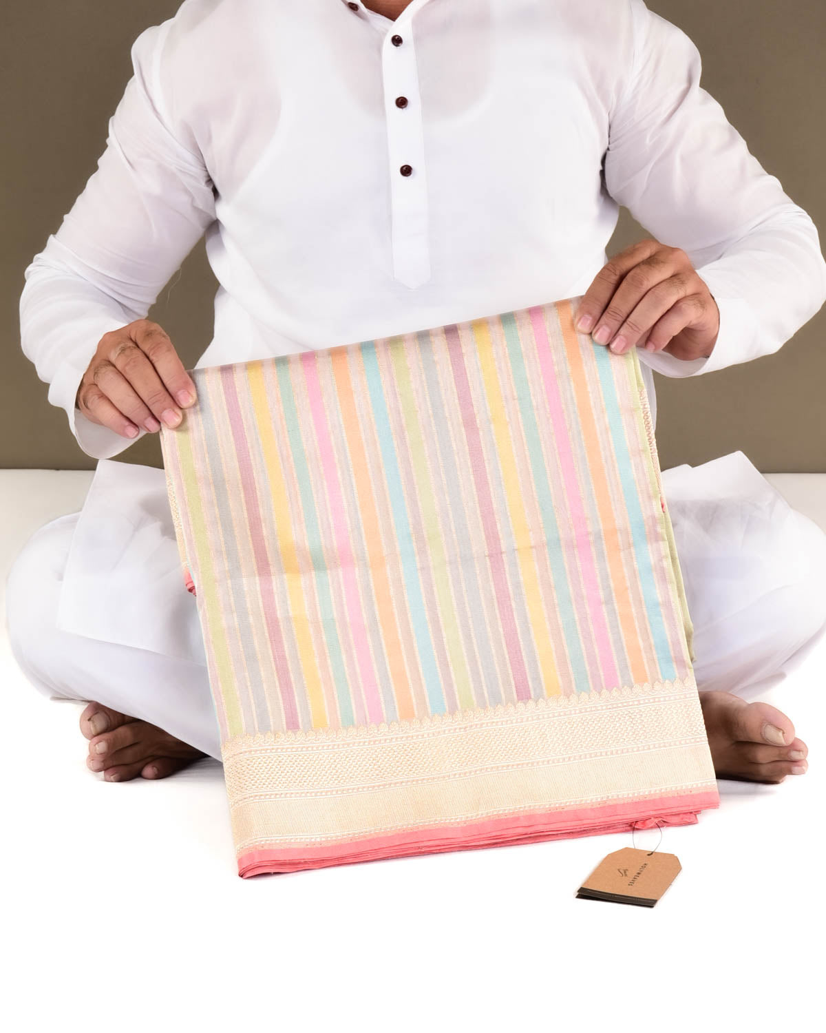 Multi-color Banarasi Exotic Candy Stripes Kadhuan Brocade Handwoven Kora Tissue Saree-HolyWeaves