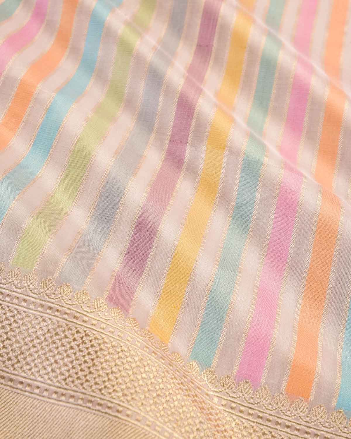 Multi-color Banarasi Exotic Candy Stripes Kadhuan Brocade Handwoven Kora Tissue Saree-HolyWeaves