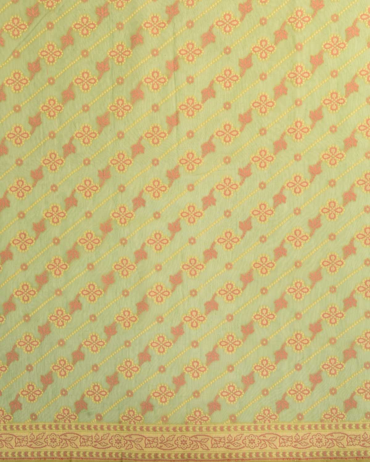 Matte Green Banarasi Alfi Diagonal Stripes Cutwork Brocade Woven Art Cotton Silk Saree-HolyWeaves