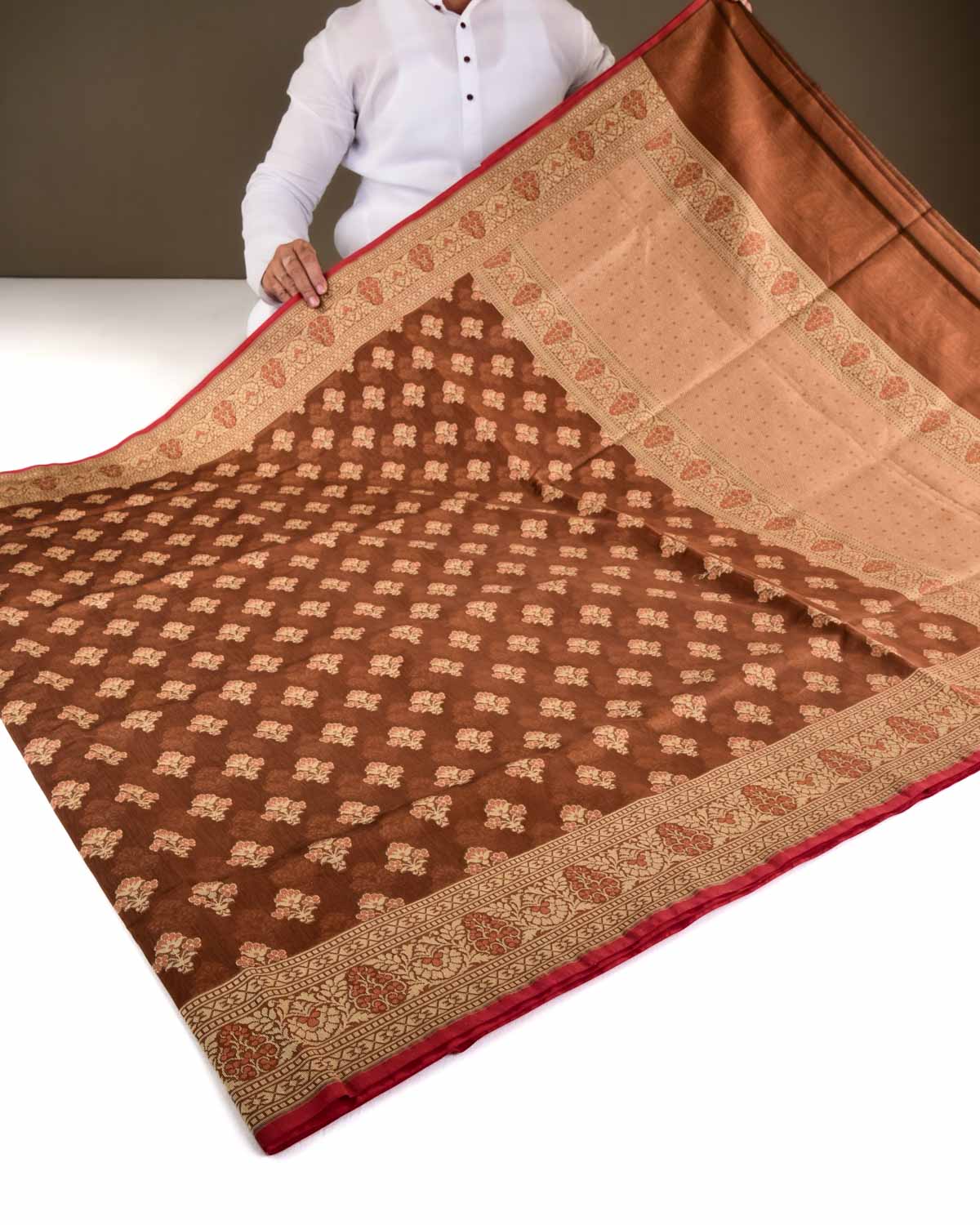Russet Brown Banarasi Alfi Resham Buti Cutwork Brocade Woven Art Cotton Silk Saree-HolyWeaves
