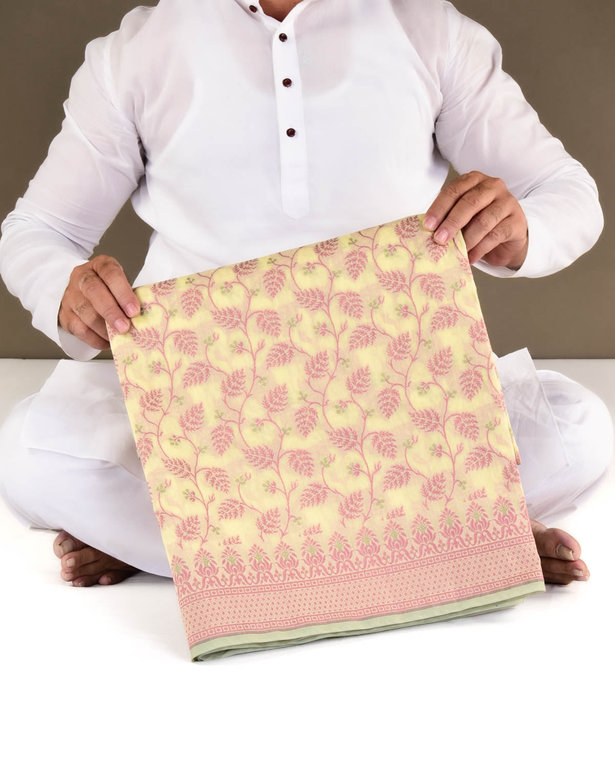 Mellow Yellow Banarasi Resham Leaf Jaal Cutwork Brocade Woven Art Cotton Silk Saree-HolyWeaves