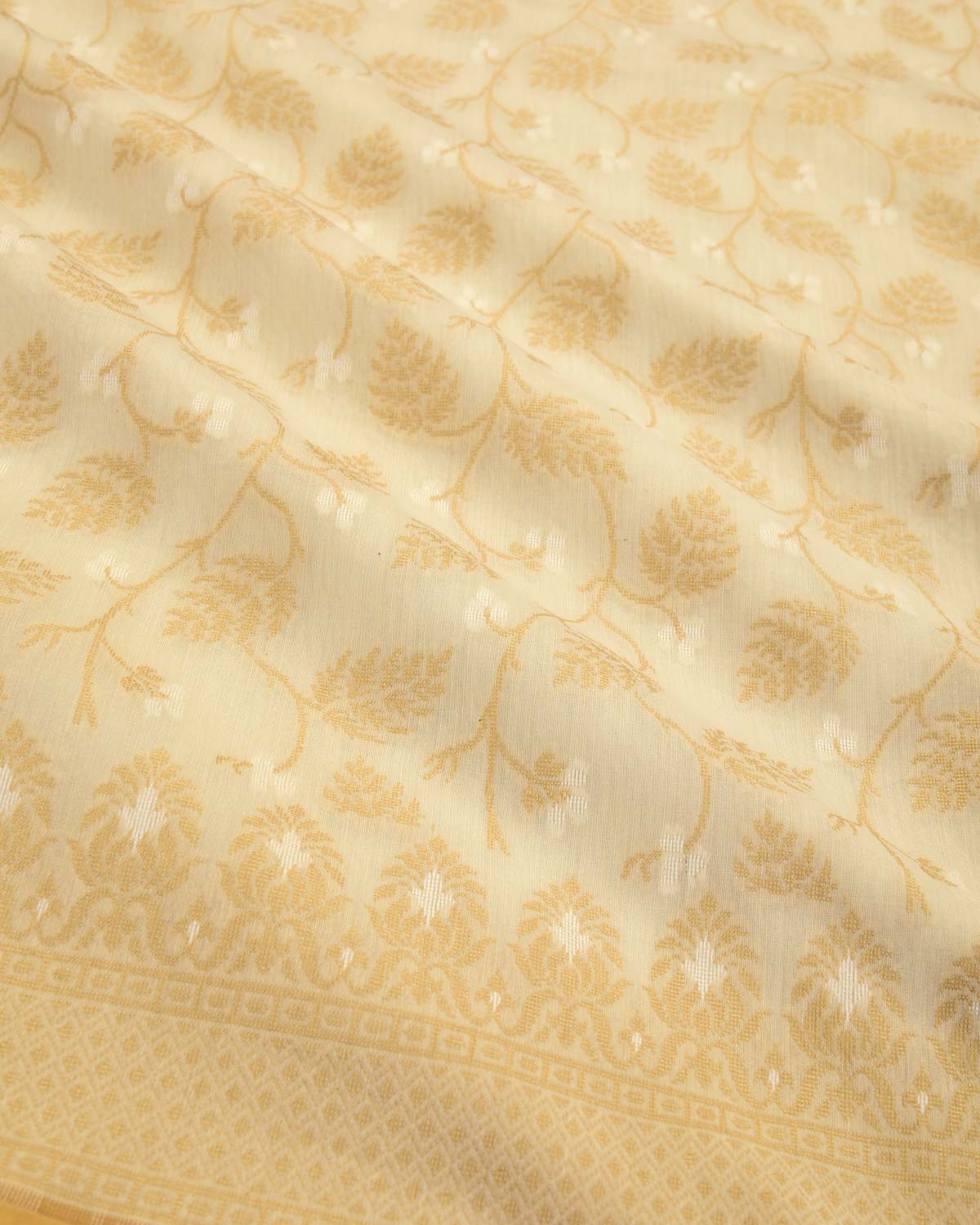 Cream Banarasi Resham Leaf Jaal Cutwork Brocade Woven Art Cotton Silk Saree-HolyWeaves