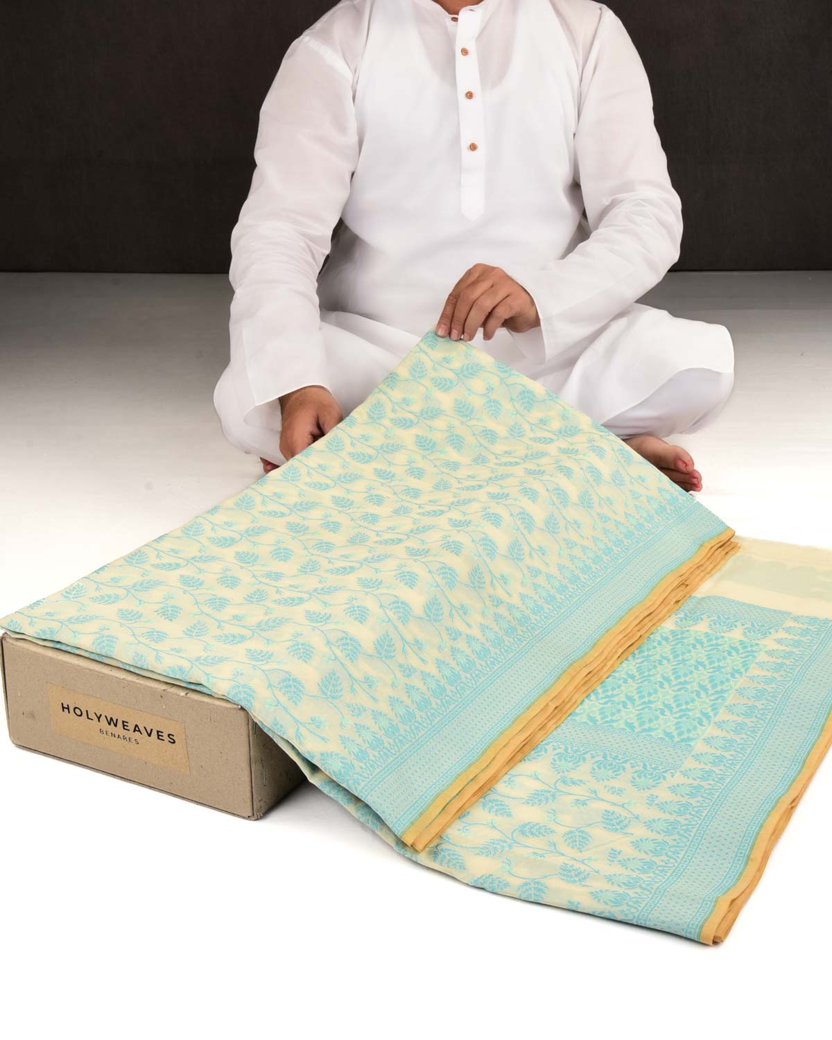 Blue On Cream Banarasi Resham Leaf Jaal Cutwork Brocade Woven Art Cotton Silk Saree-HolyWeaves