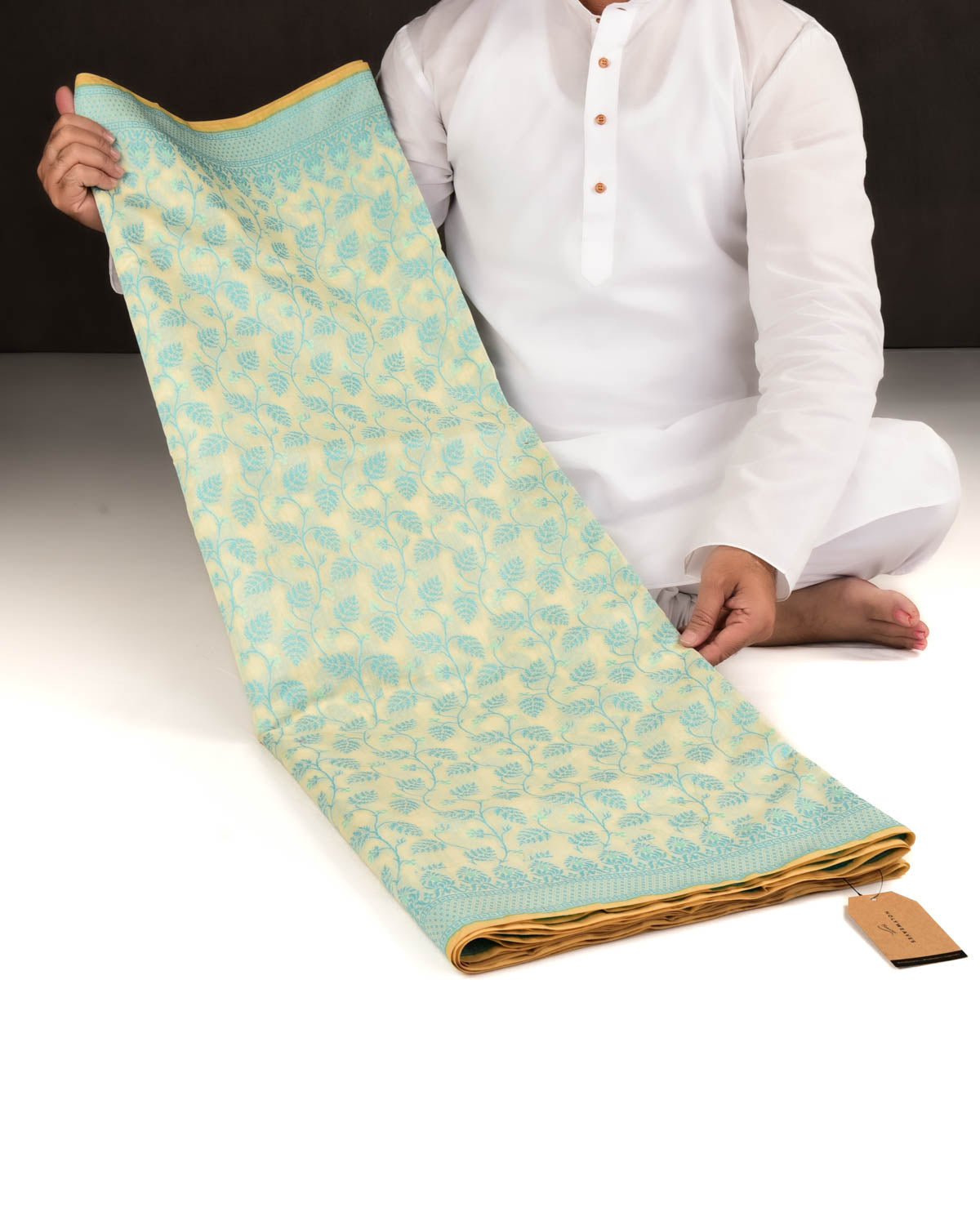 Blue On Cream Banarasi Resham Leaf Jaal Cutwork Brocade Woven Art Cotton Silk Saree-HolyWeaves