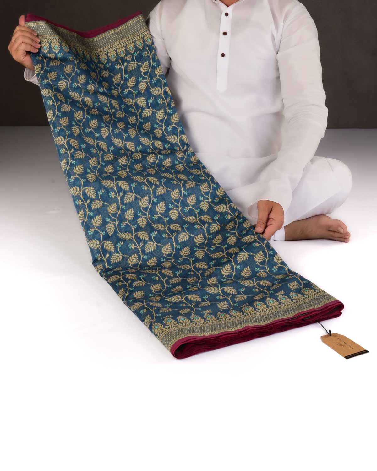Teal Blue Banarasi Resham Leaf Jaal Cutwork Brocade Woven Art Cotton Silk Saree-HolyWeaves