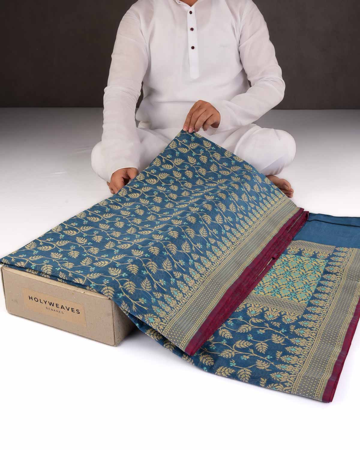 Teal Blue Banarasi Resham Leaf Jaal Cutwork Brocade Woven Art Cotton Silk Saree-HolyWeaves