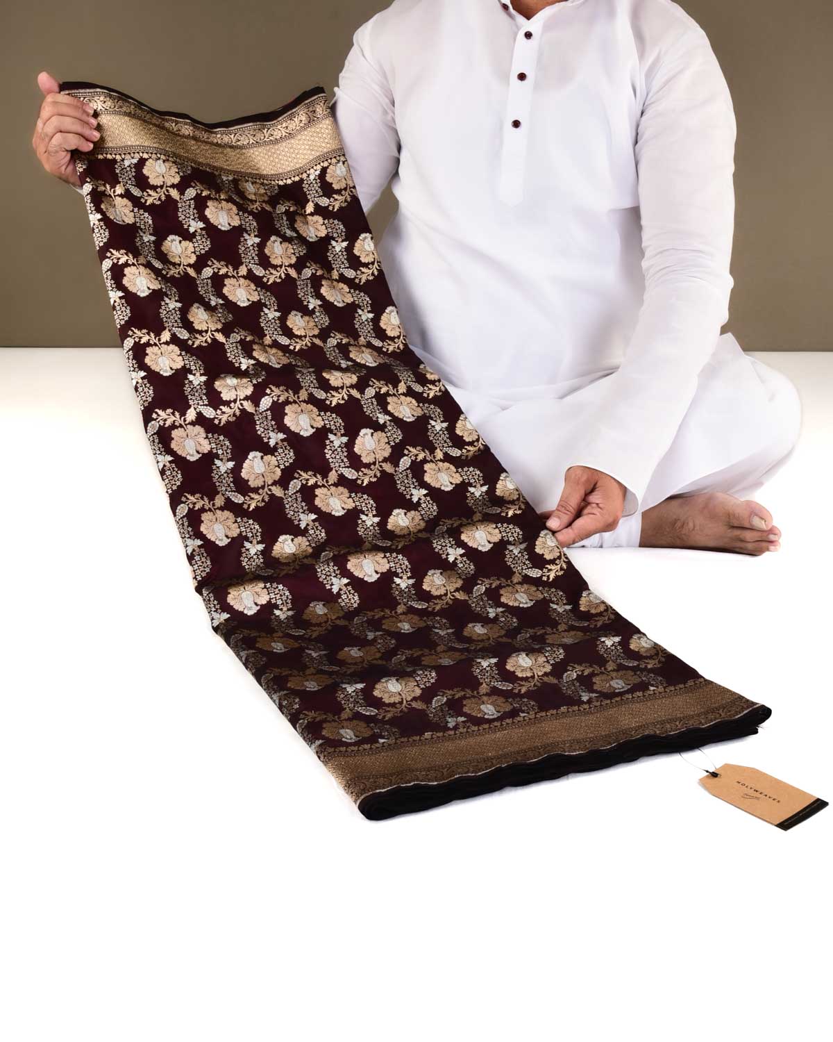 Brown Banarasi Gold & Silver Zari Alfi Floral Jaal Cutwork Brocade Handwoven Katan Silk Saree-HolyWeaves