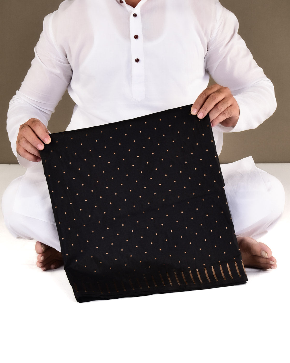 Black Banarasi Antique Zari Polka Buti Cutwork Brocade Lightweight Handwoven Katan Silk Saree-HolyWeaves