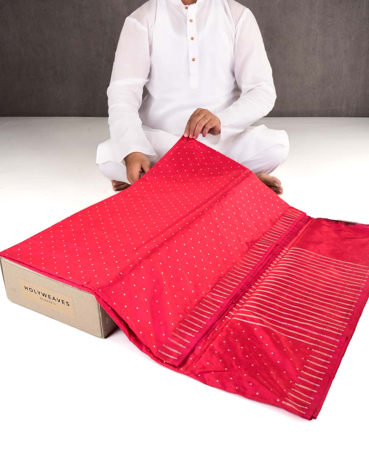 Shot Red Pink Banarasi Gold & Silver Zari Polka Buti Cutwork Brocade Handwoven Katan Silk Saree-HolyWeaves