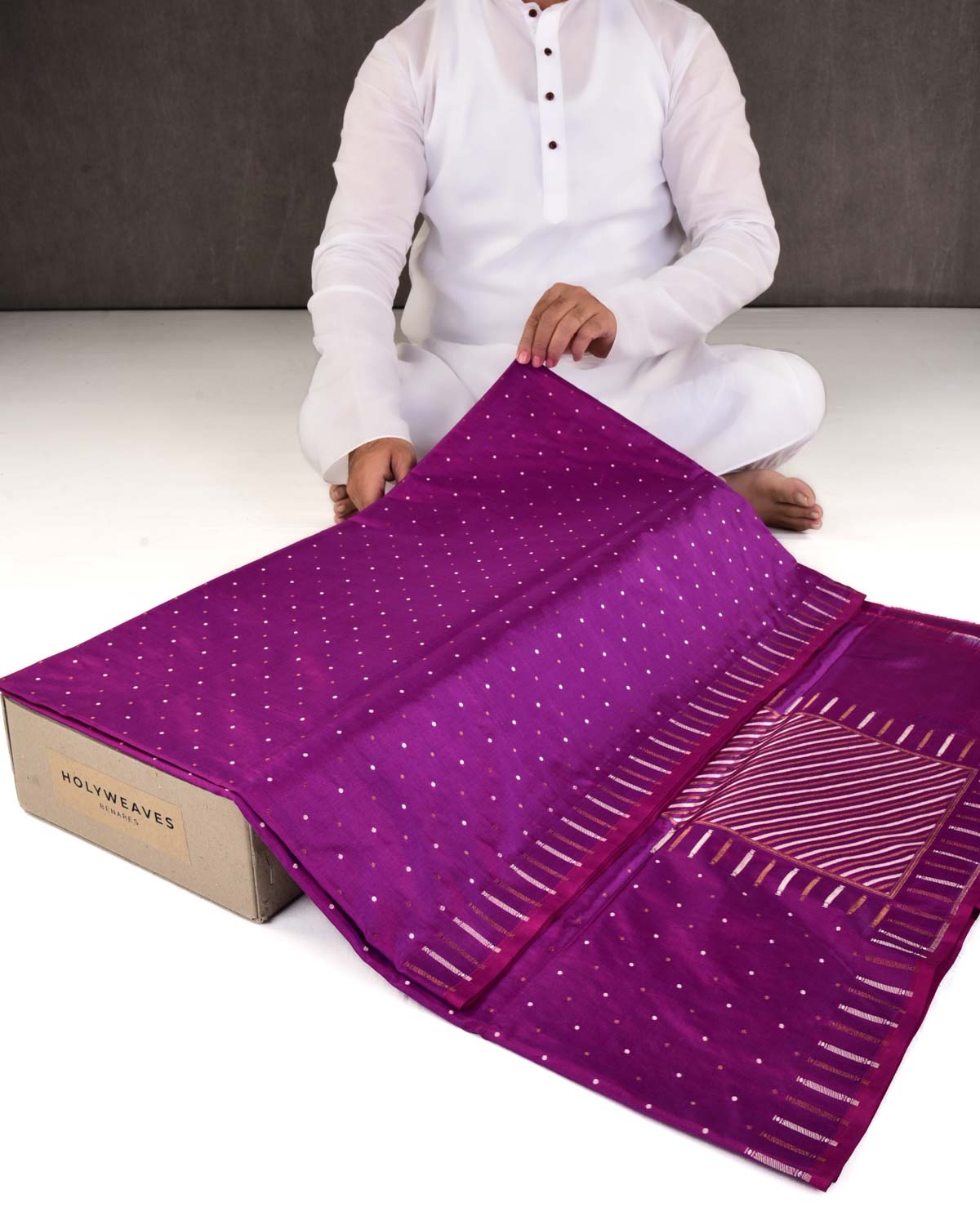 Shot Purple Banarasi Gold & Silver Zari Polka Buti Cutwork Brocade Handwoven Katan Silk Saree-HolyWeaves
