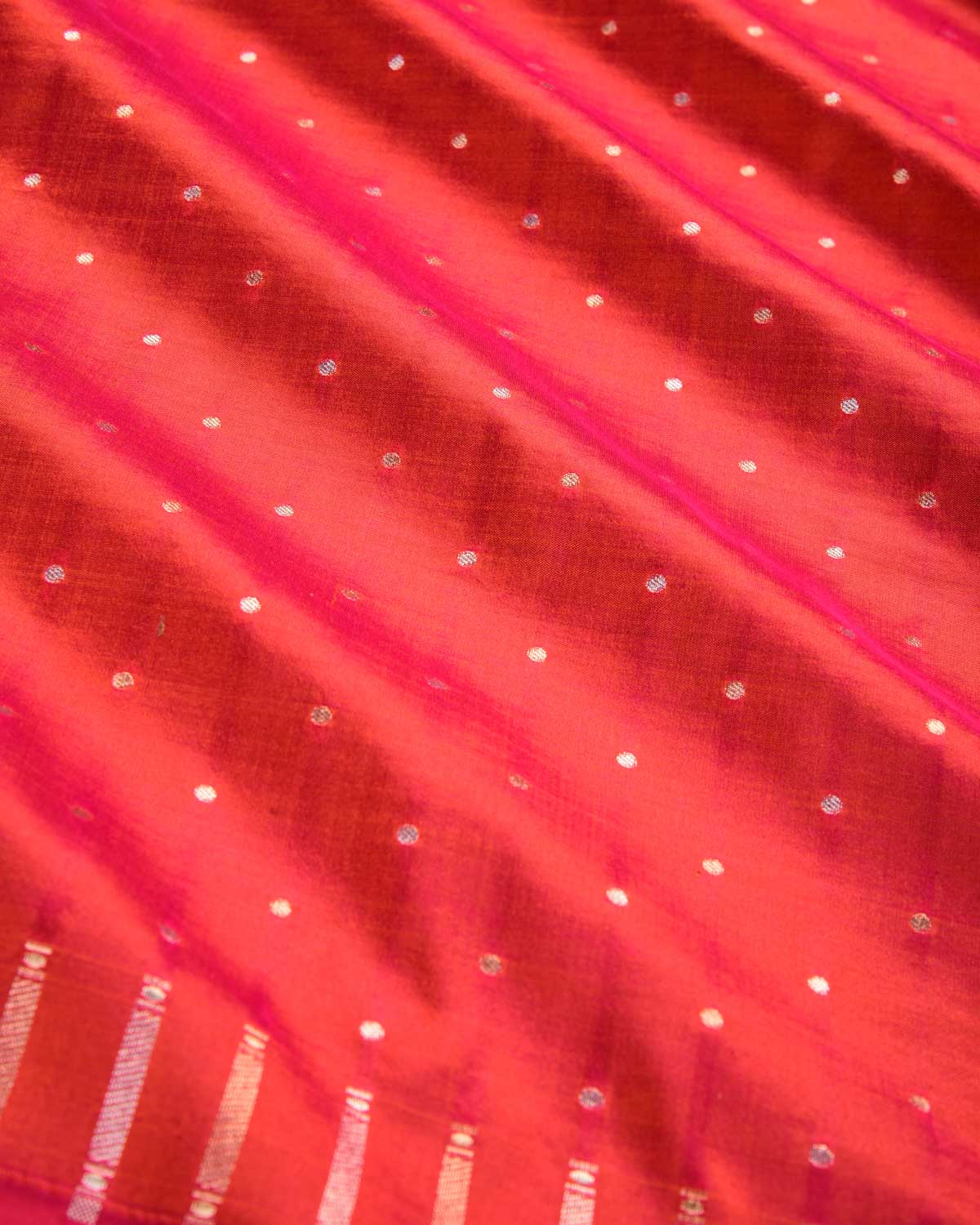 Shot Orange Banarasi Gold & Silver Zari Polka Buti Cutwork Brocade Handwoven Katan Silk Saree-HolyWeaves