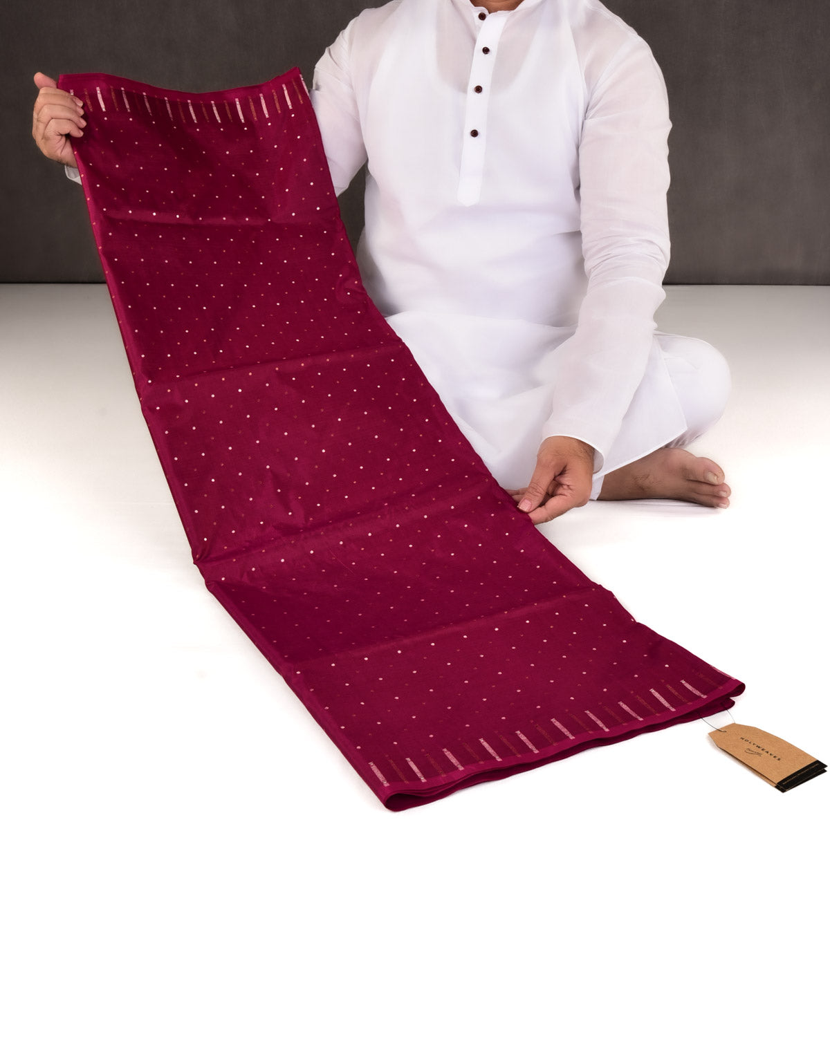 Shot Burgundy Banarasi Gold & Silver Zari Polka Buti Cutwork Brocade Handwoven Katan Silk Saree-HolyWeaves