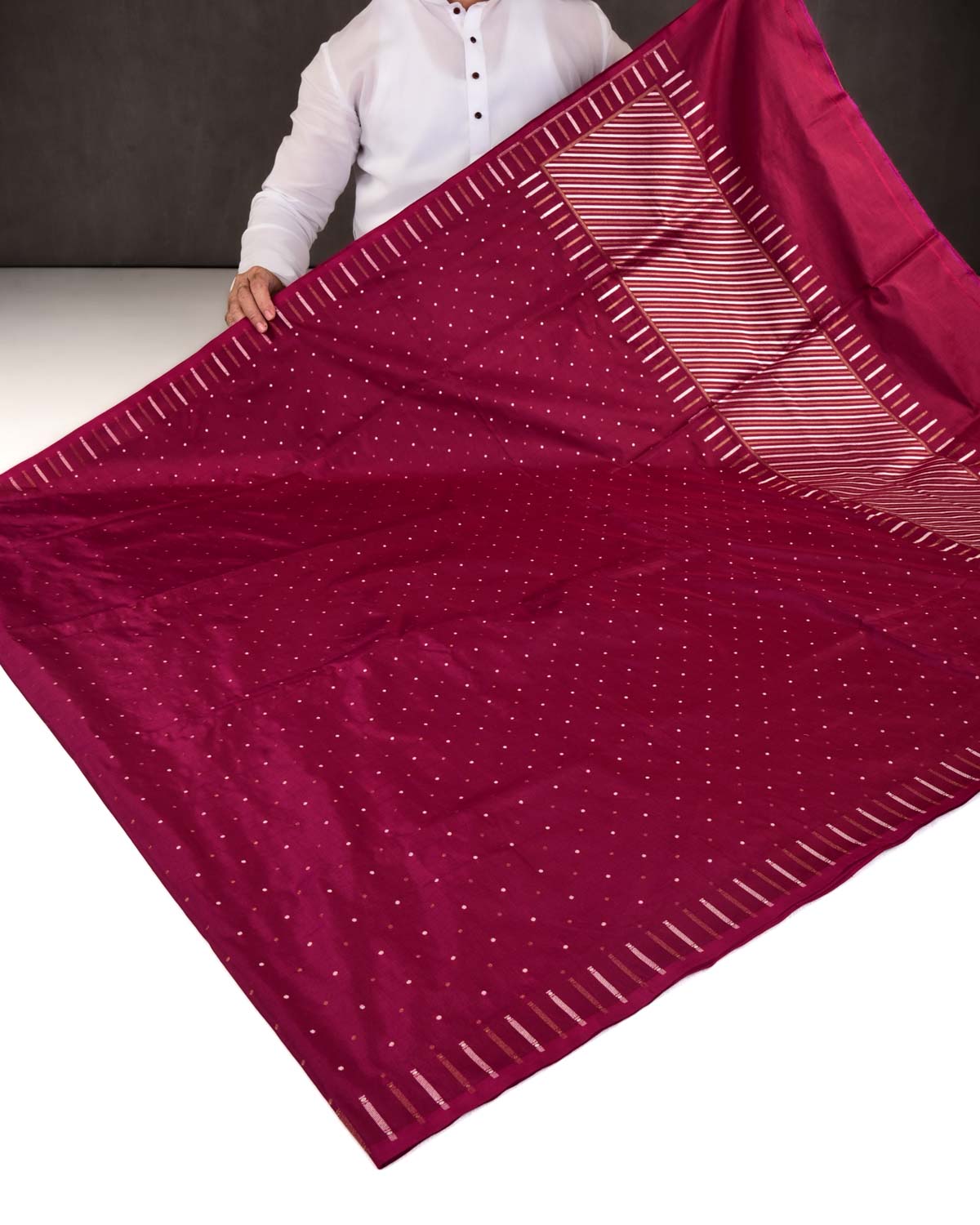 Shot Burgundy Banarasi Gold & Silver Zari Polka Buti Cutwork Brocade Handwoven Katan Silk Saree-HolyWeaves