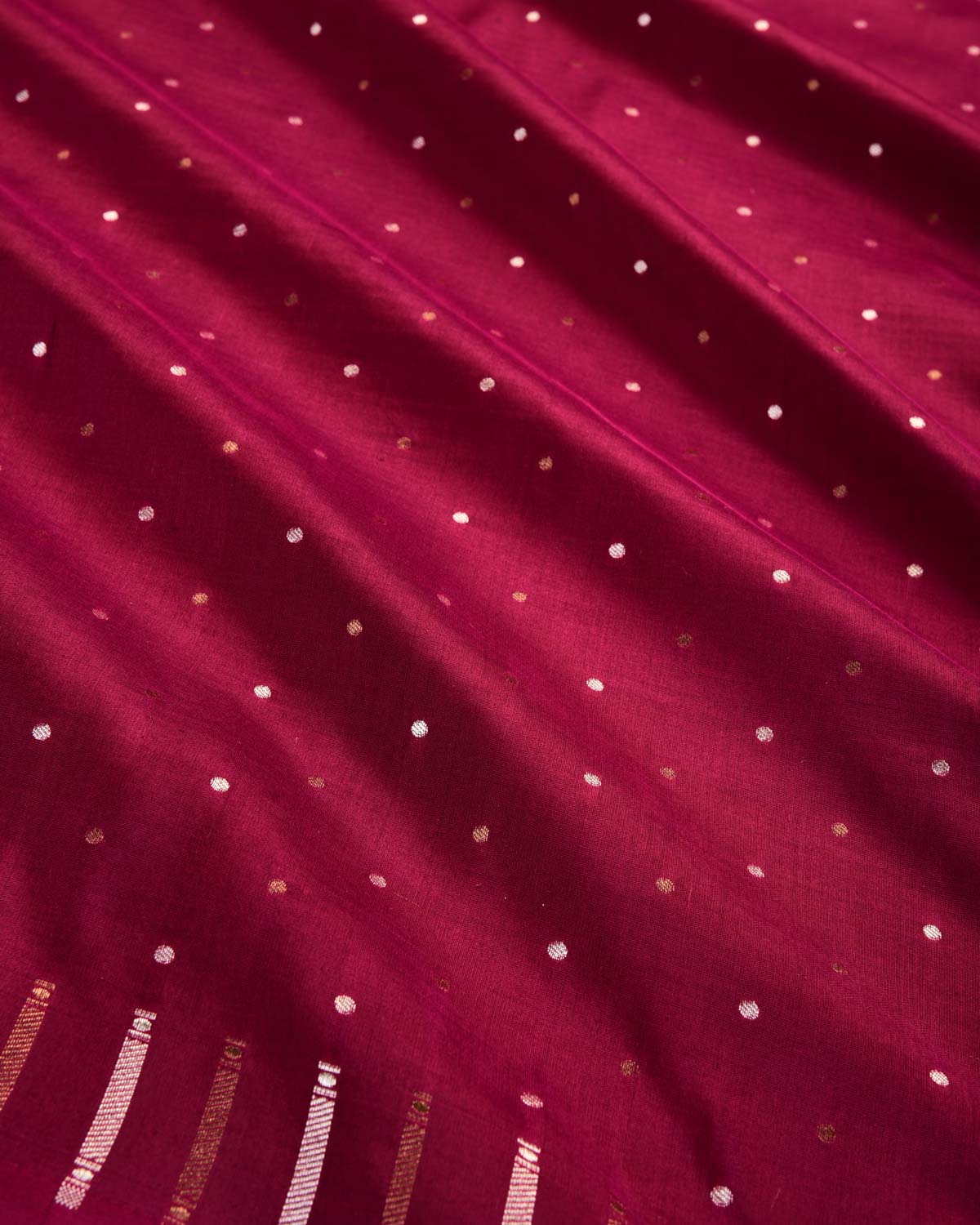 Shot Burgundy Banarasi Gold & Silver Zari Polka Buti Cutwork Brocade Handwoven Katan Silk Saree-HolyWeaves