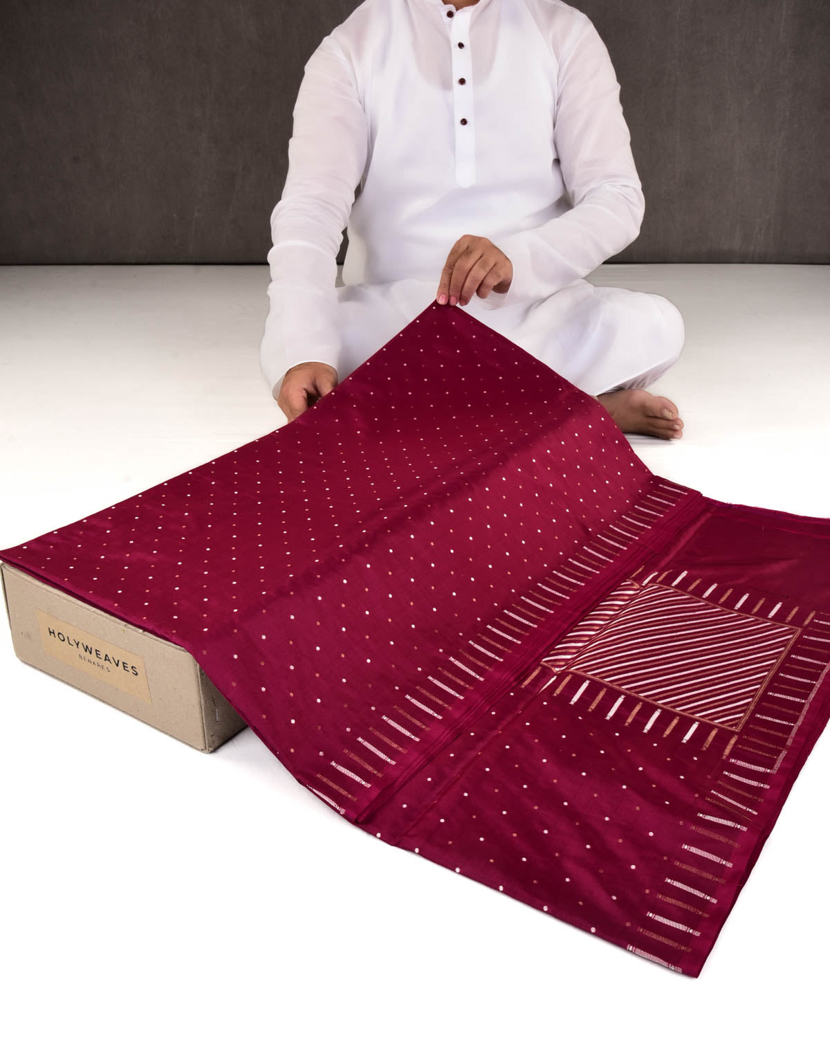 Shot Burgundy Banarasi Gold & Silver Zari Polka Buti Cutwork Brocade Handwoven Katan Silk Saree-HolyWeaves