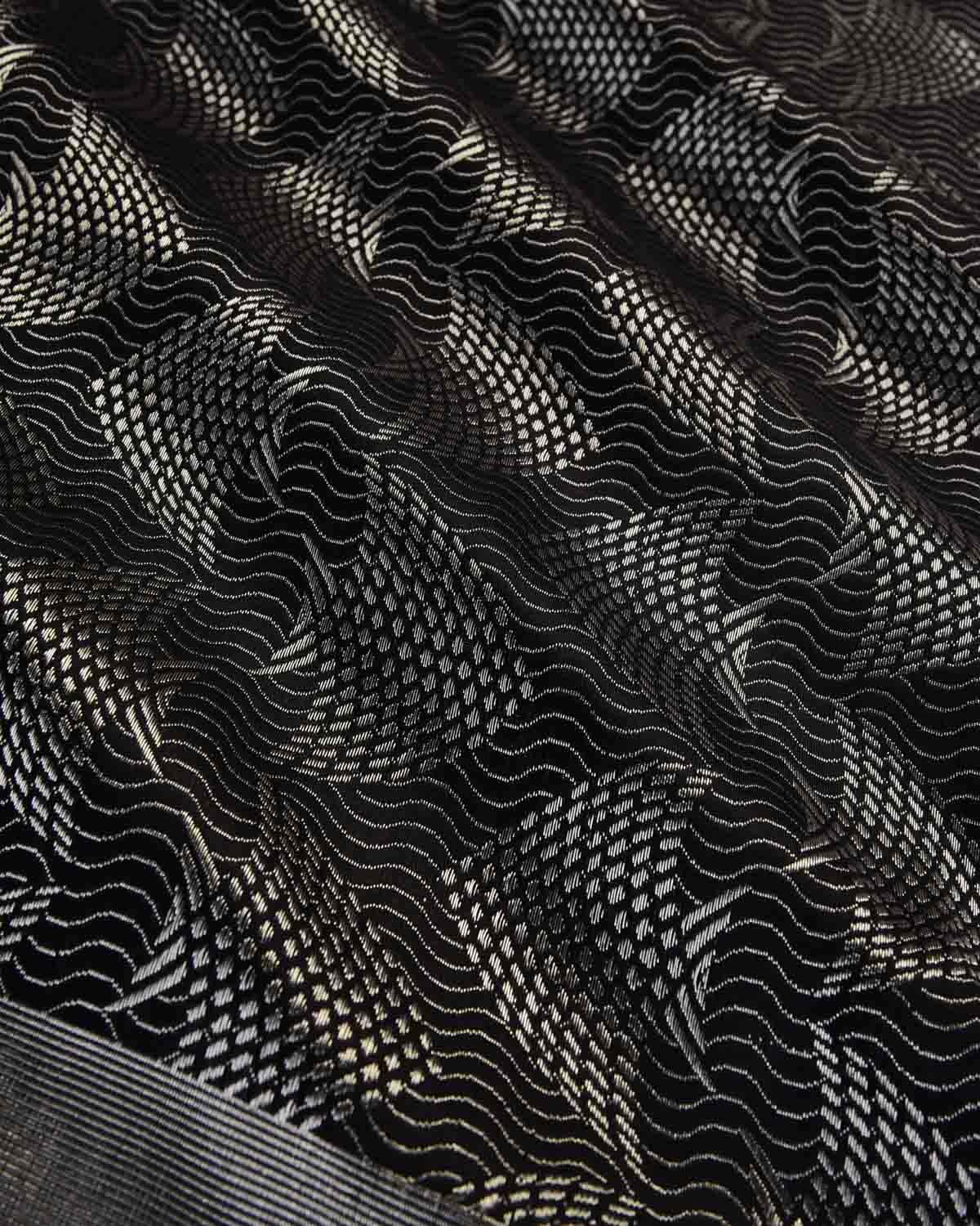 Black Banarasi Silver Zari "Pisces" Brocade Handwoven Katan Silk Saree-HolyWeaves