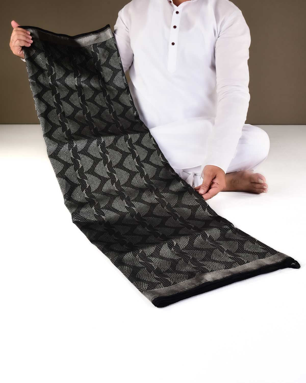 Black Banarasi Silver Zari "Pisces" Brocade Handwoven Katan Silk Saree-HolyWeaves