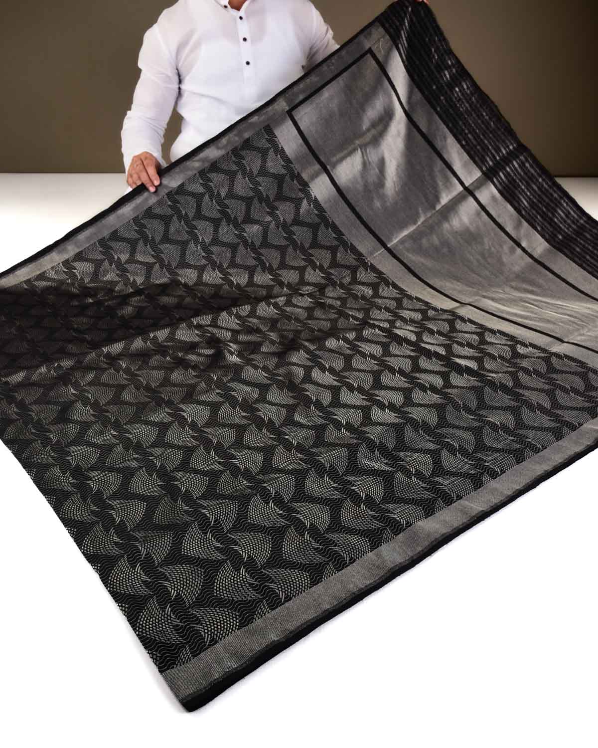 Black Banarasi Silver Zari "Pisces" Brocade Handwoven Katan Silk Saree-HolyWeaves