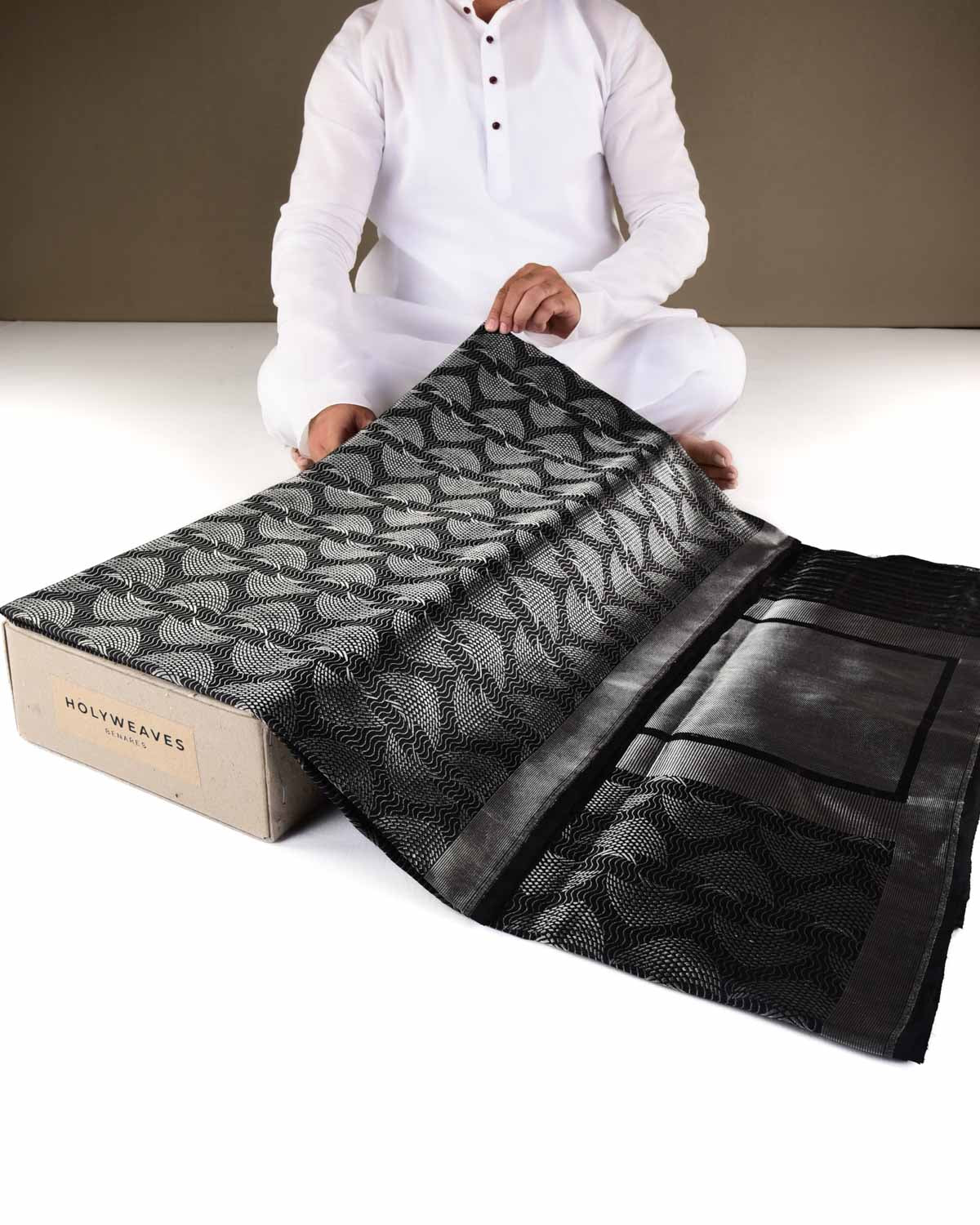 Black Banarasi Silver Zari "Pisces" Brocade Handwoven Katan Silk Saree-HolyWeaves