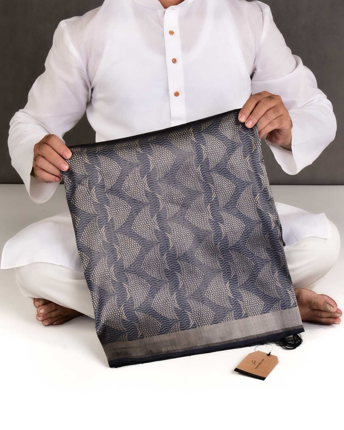 Gray Banarasi Gold Zari "Pisces" Brocade Handwoven Katan Silk Saree-HolyWeaves