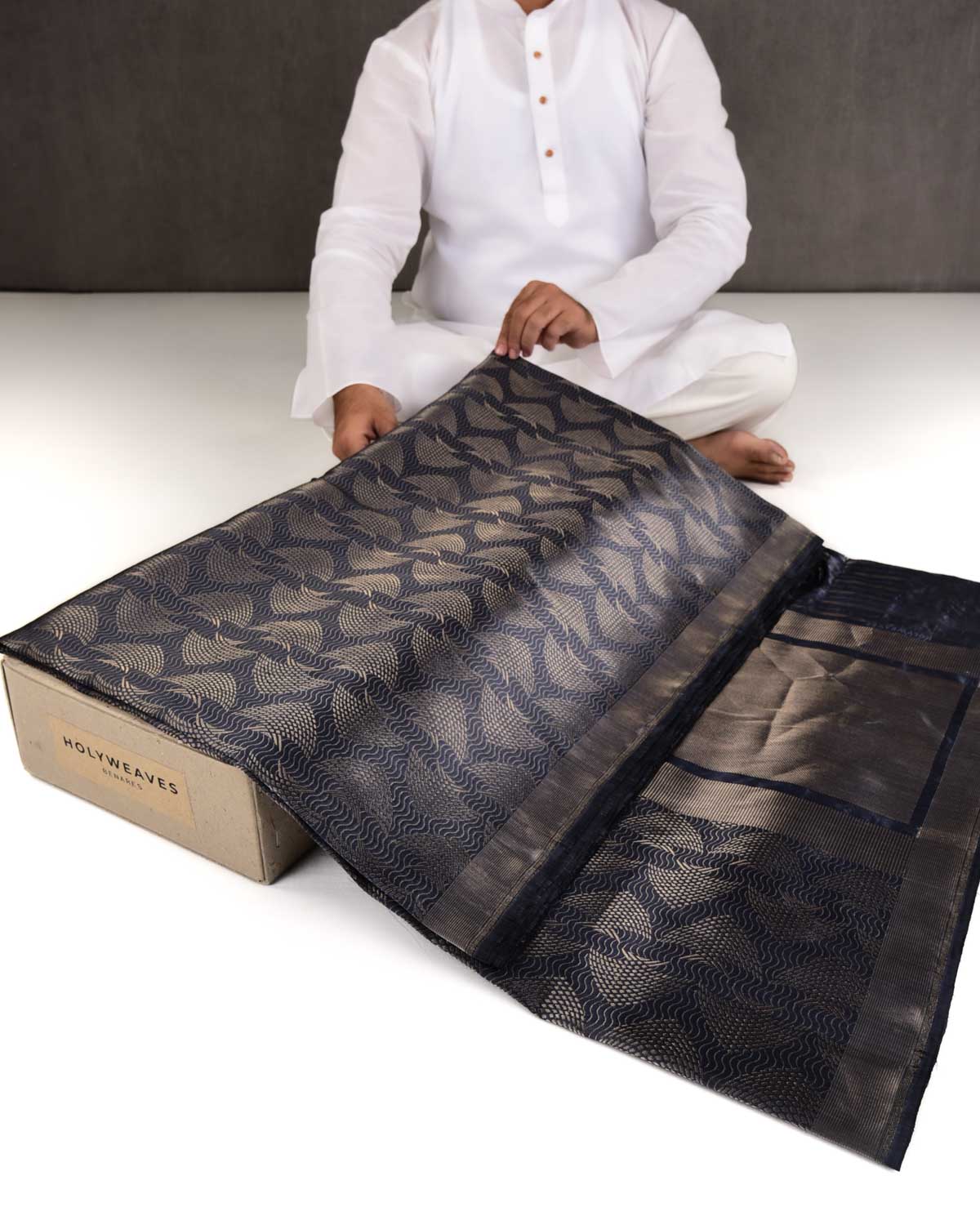 Gray Banarasi Gold Zari "Pisces" Brocade Handwoven Katan Silk Saree-HolyWeaves