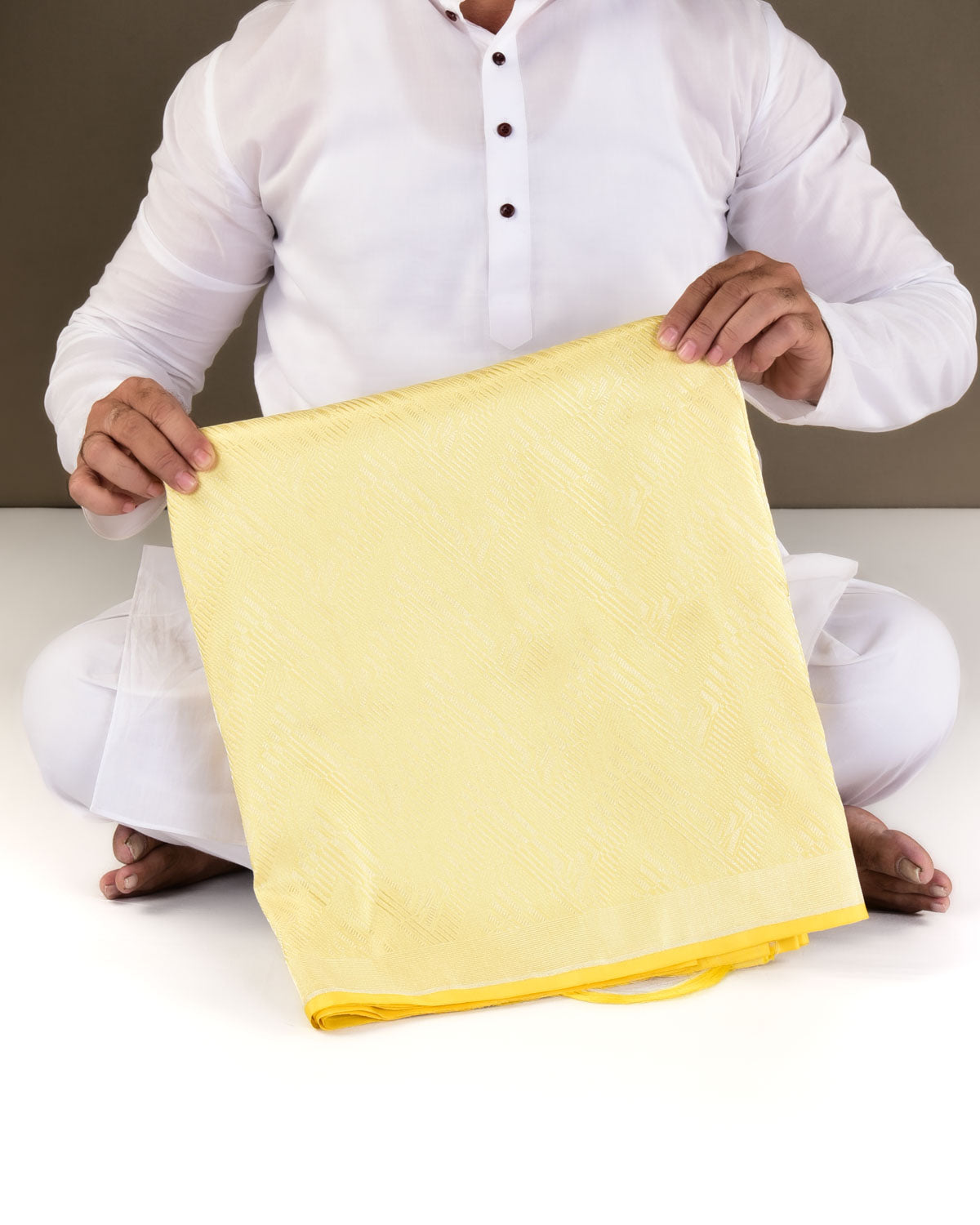Mellow Yellow Banarasi Silver Zari Glitch Chevron Brocade Handwoven Katan Silk Saree-HolyWeaves