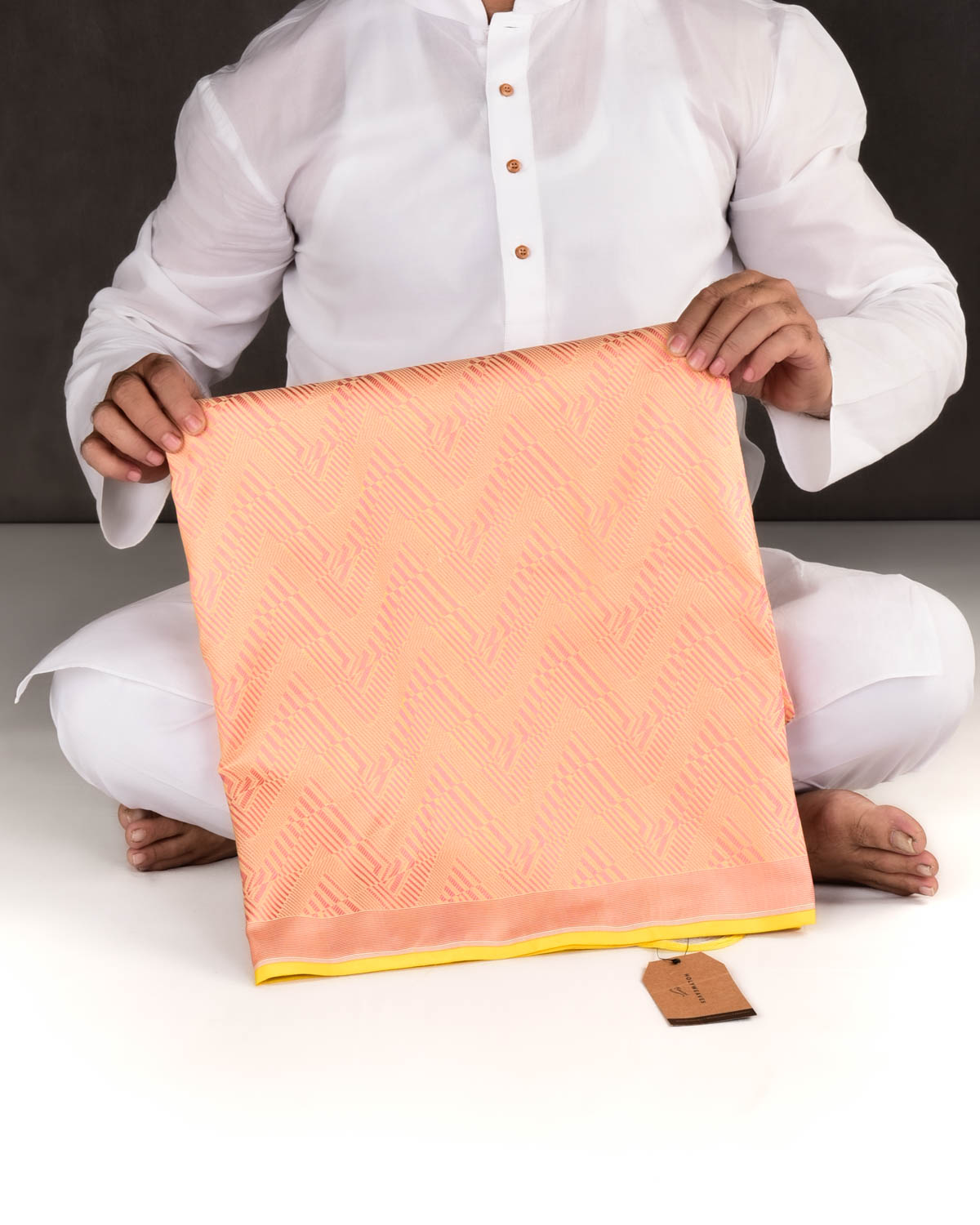 Peach On Yellow Banarasi Glitch Chevron Brocade Handwoven Katan Silk Saree-HolyWeaves