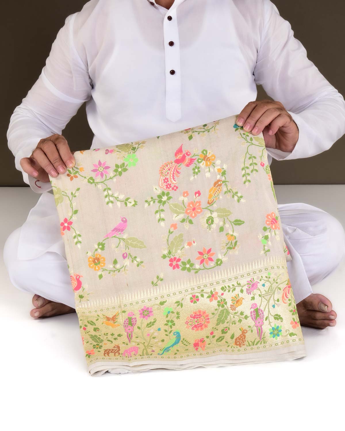 Beige Banarasi Shikargah Cutwork Brocade Handwoven Tasar Georgette Saree-HolyWeaves
