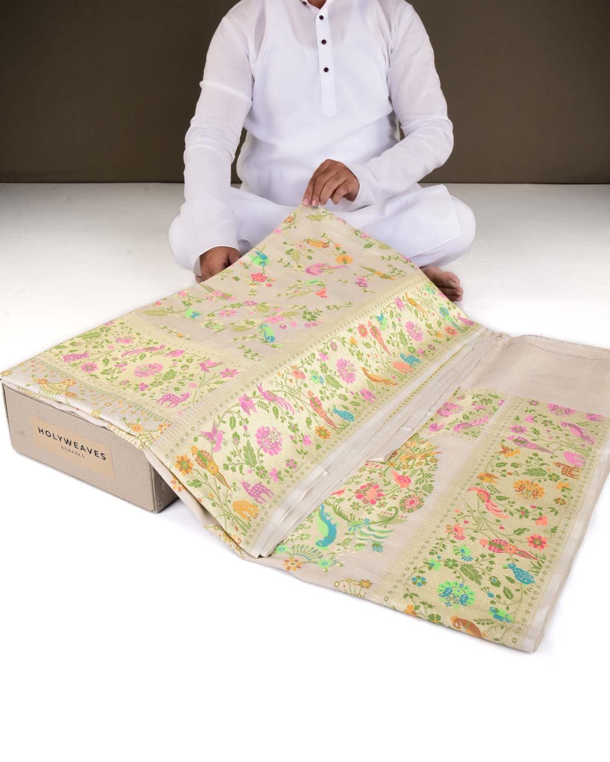 Beige Banarasi Shikargah Cutwork Brocade Handwoven Tasar Georgette Saree-HolyWeaves
