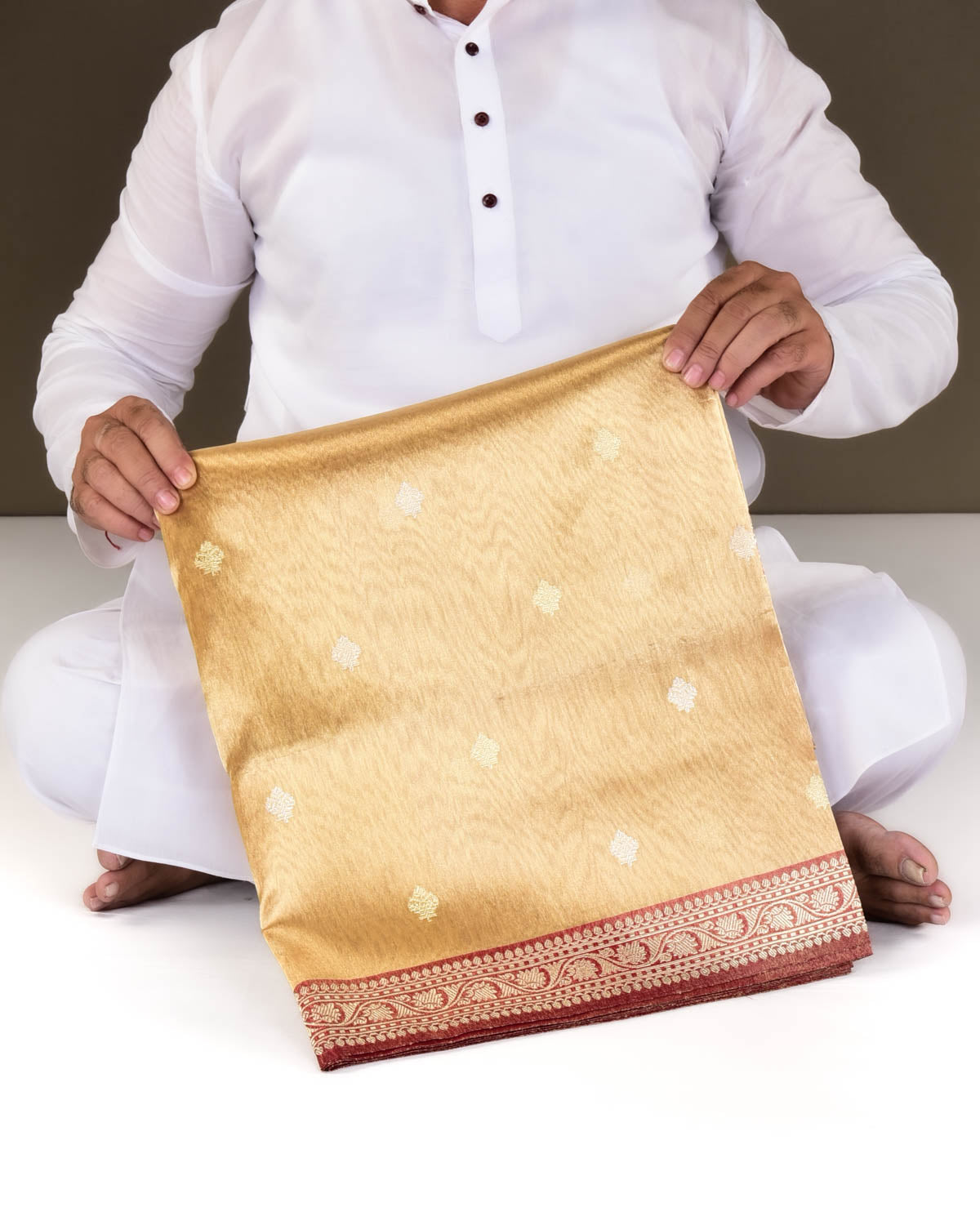 Metallic Gold Banarasi Gold & Silver Zari Buti Kadhuan Brocade Handwoven Kora Tissue Saree-HolyWeaves