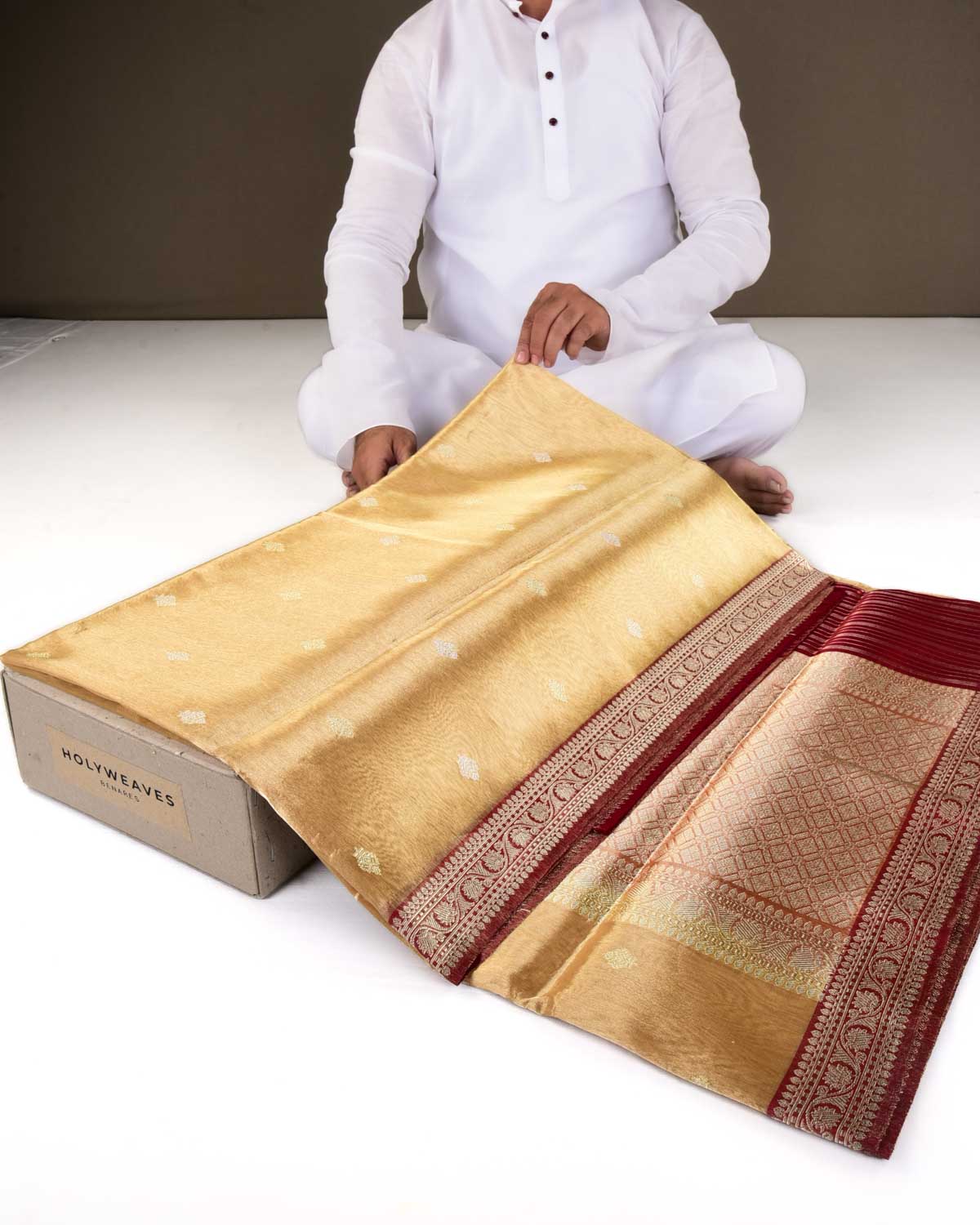 Metallic Gold Banarasi Gold & Silver Zari Buti Kadhuan Brocade Handwoven Kora Tissue Saree-HolyWeaves