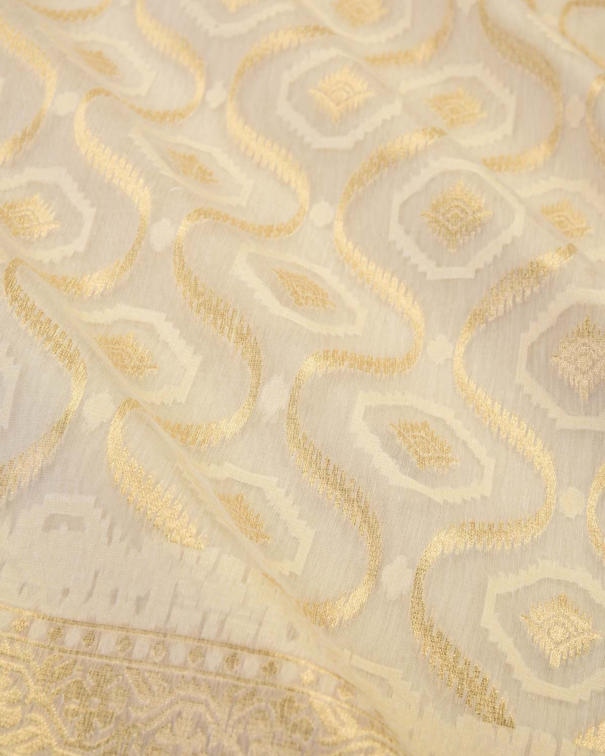 Cream Banarasi Gold Zari & White Resham Jharokha Cutwork Brocade Handwoven Cotton Silk Saree-HolyWeaves