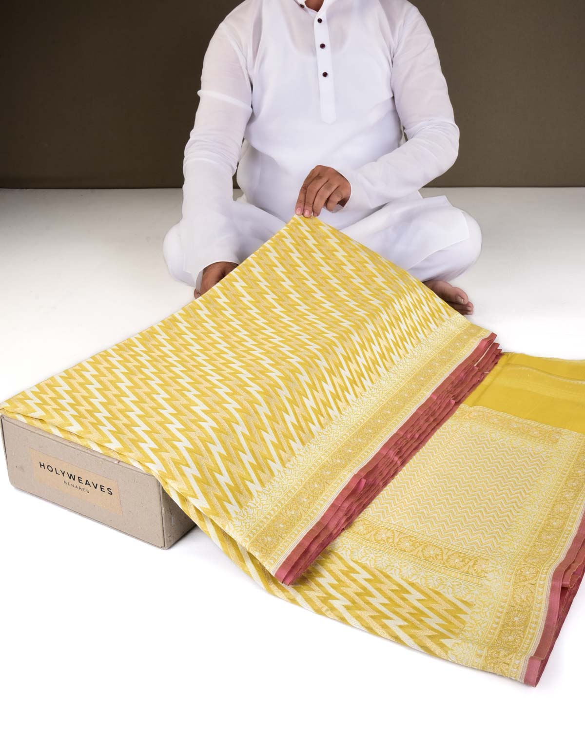 Yellow Banarasi Gold Zari & White Resham Lightening Strike Cutwork Brocade Handwoven Cotton Silk Saree-HolyWeaves