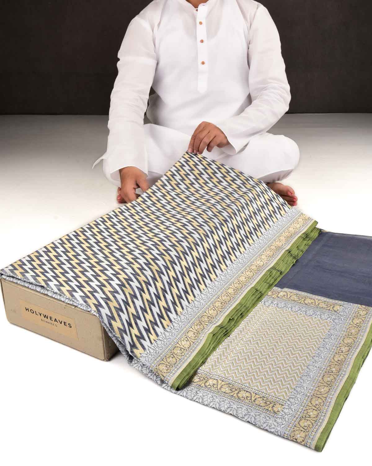 Gray Banarasi Gold Zari & White Resham Lightening Strike Cutwork Brocade Woven Cotton Silk Saree-HolyWeaves