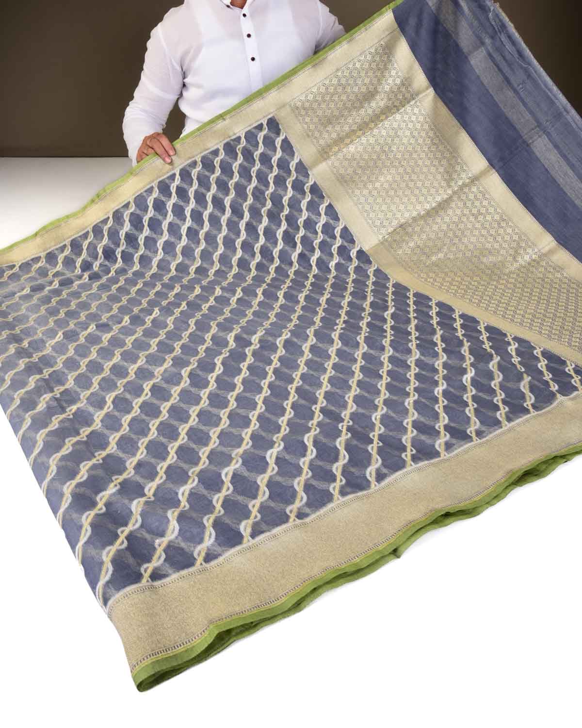 Gray Banarasi Gold Zari & White Resham Diagonal Cutwork Brocade Handwoven Cotton Silk Saree-HolyWeaves