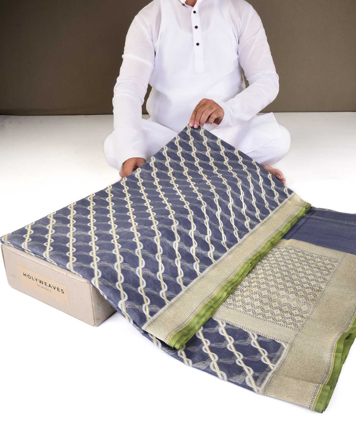 Gray Banarasi Gold Zari & White Resham Diagonal Cutwork Brocade Handwoven Cotton Silk Saree-HolyWeaves