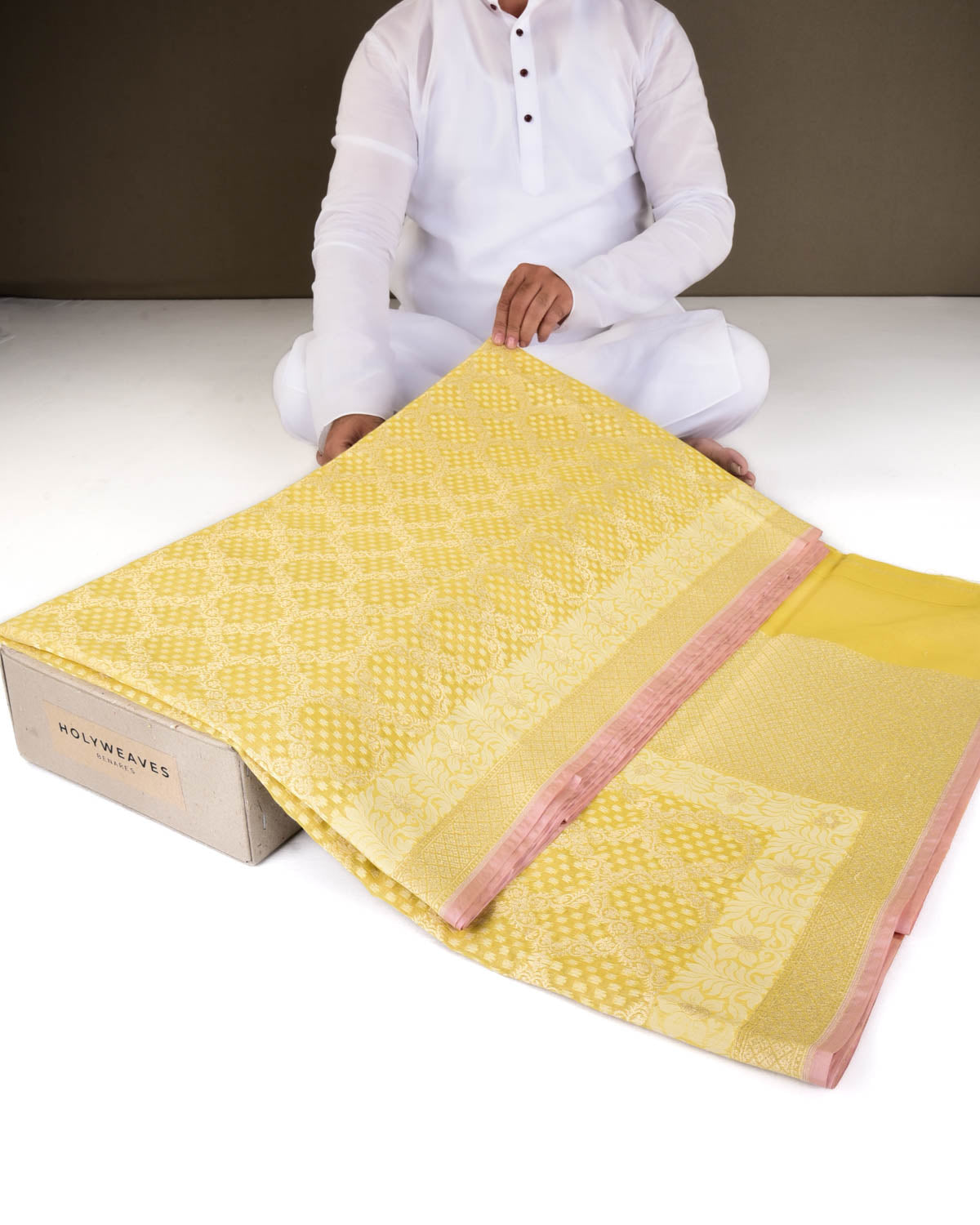 Yellow Banarasi Gold Zari & White Resham Grids Cutwork Brocade Handwoven Cotton Silk Saree-HolyWeaves