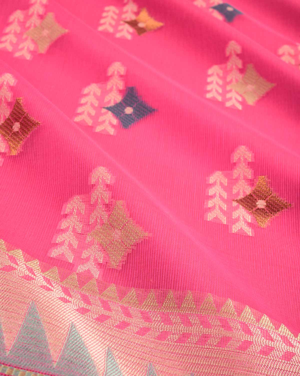 Pink Banarasi Geometric Buta Cutwork Brocade Woven Art Cotton Silk Saree-HolyWeaves
