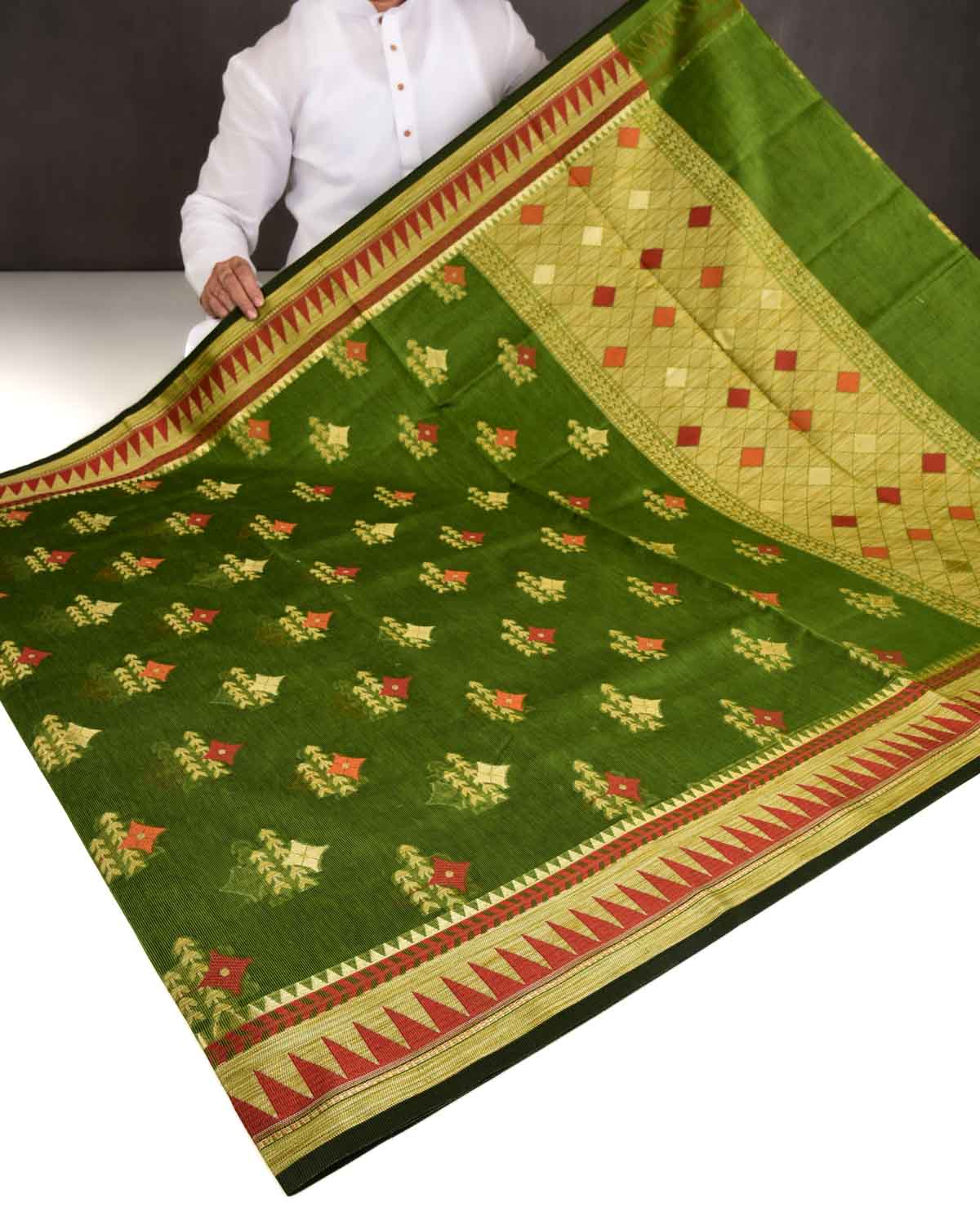 Green Banarasi Geometric Buta Cutwork Brocade Woven Art Cotton Silk Saree-HolyWeaves