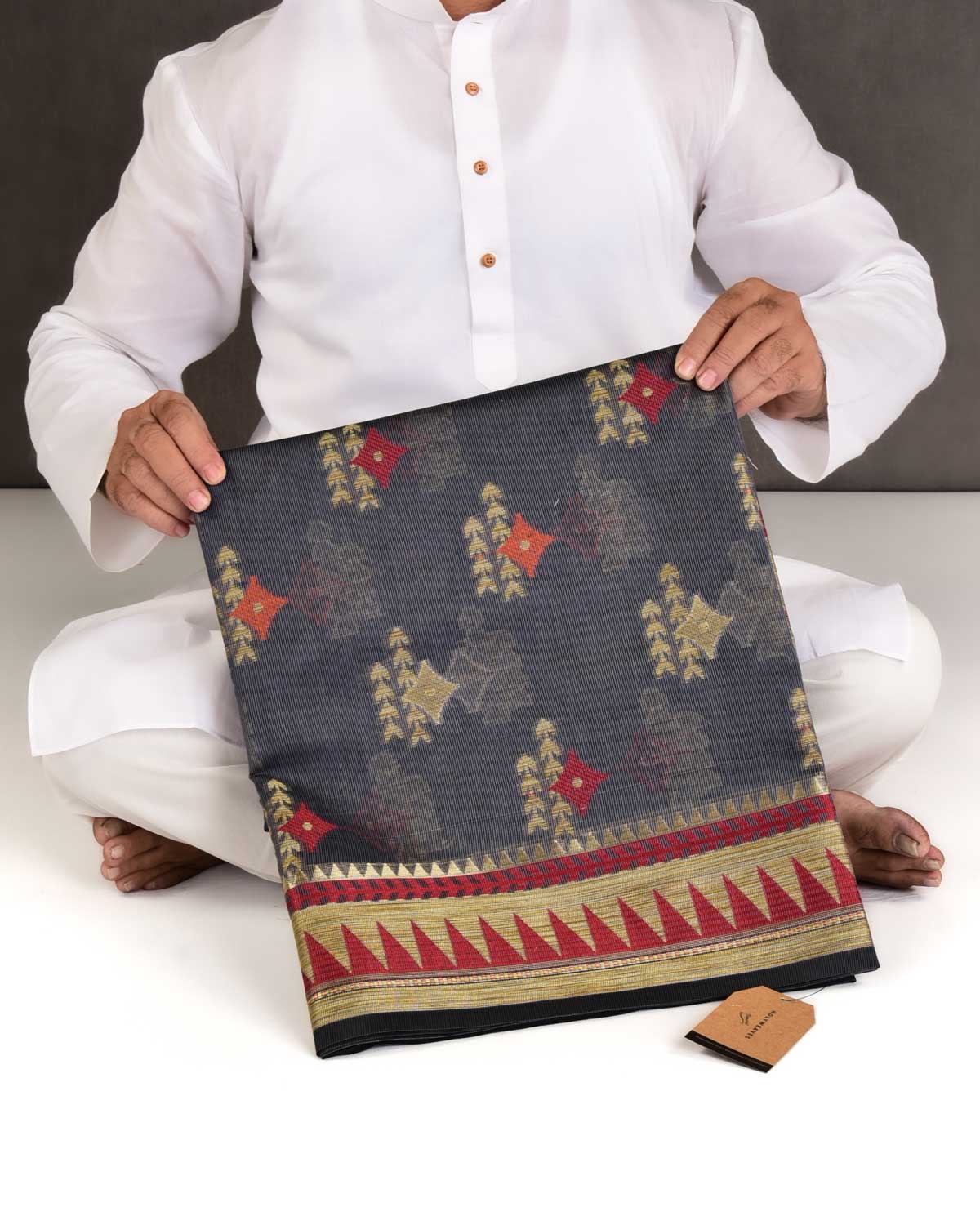 Gray Banarasi Geometric Buta Cutwork Brocade Woven Art Cotton Silk Saree-HolyWeaves