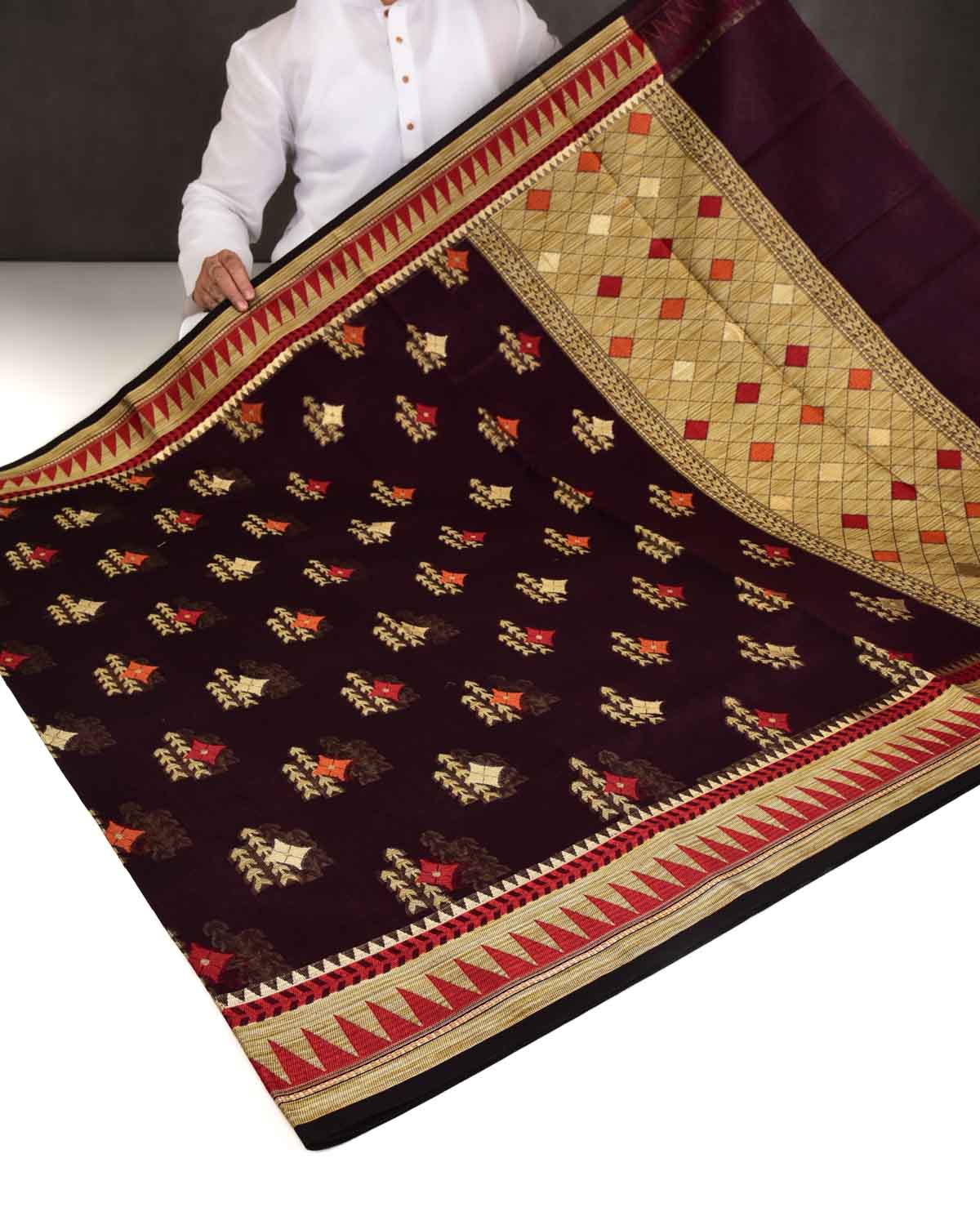 Mahogany Banarasi Geometric Buta Cutwork Brocade Woven Art Cotton Silk Saree-HolyWeaves