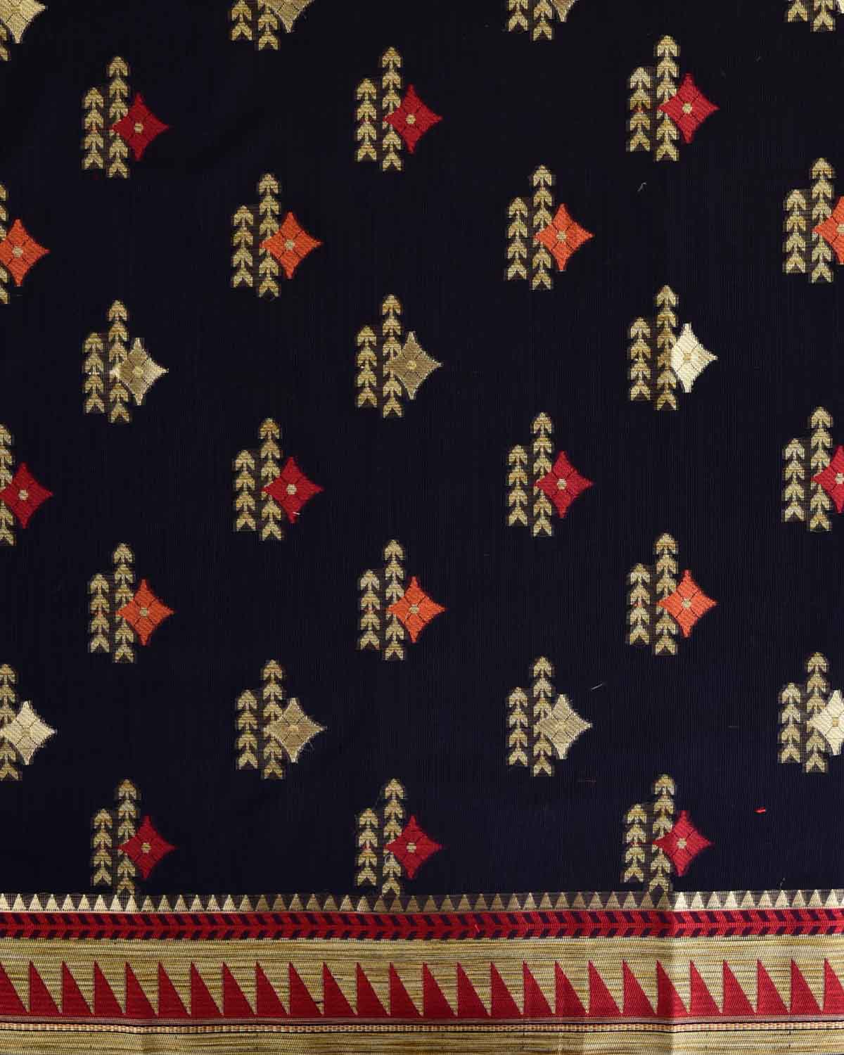 Navy Blue Banarasi Geometric Buta Cutwork Brocade Woven Art Cotton Silk Saree-HolyWeaves