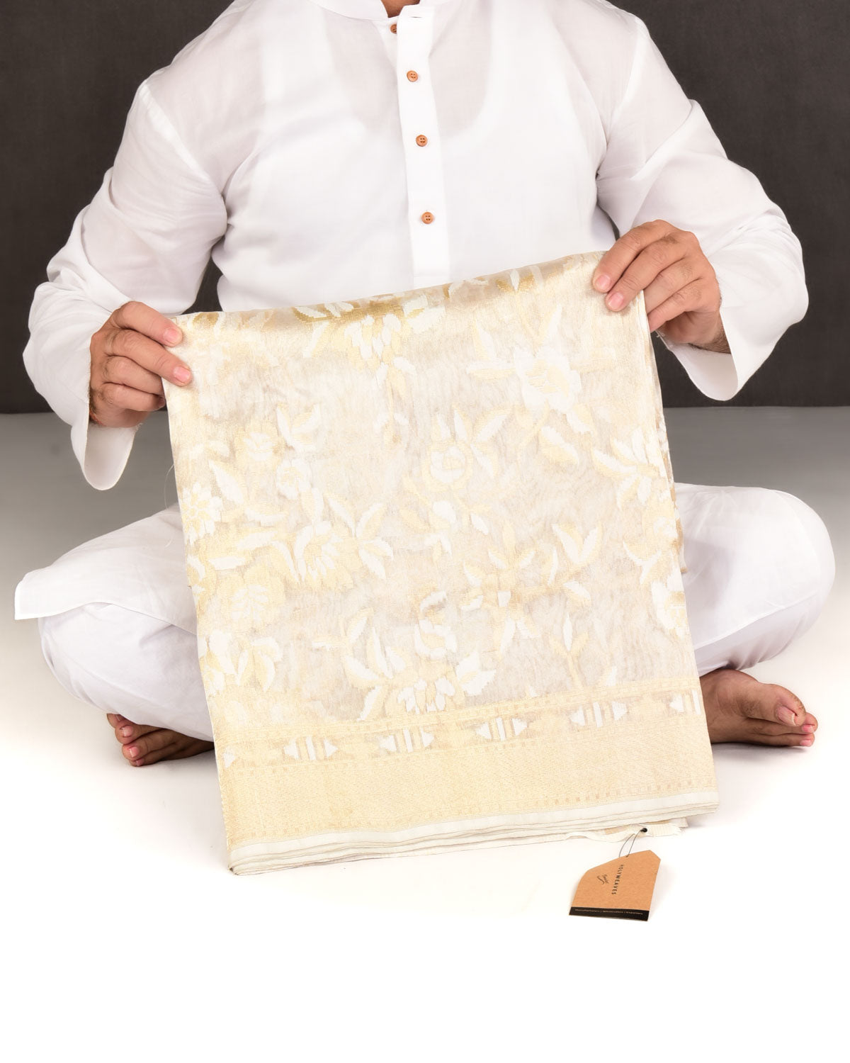 Metallic Cream Banarasi Gold Zari & White Resham Floral Jaal Cutwork Brocade Handwoven Kora Tissue Saree-HolyWeaves