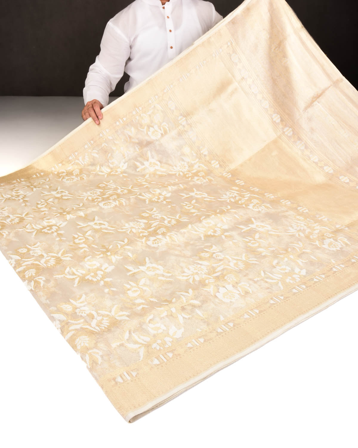 Metallic Cream Banarasi Gold Zari & White Resham Floral Jaal Cutwork Brocade Handwoven Kora Tissue Saree-HolyWeaves